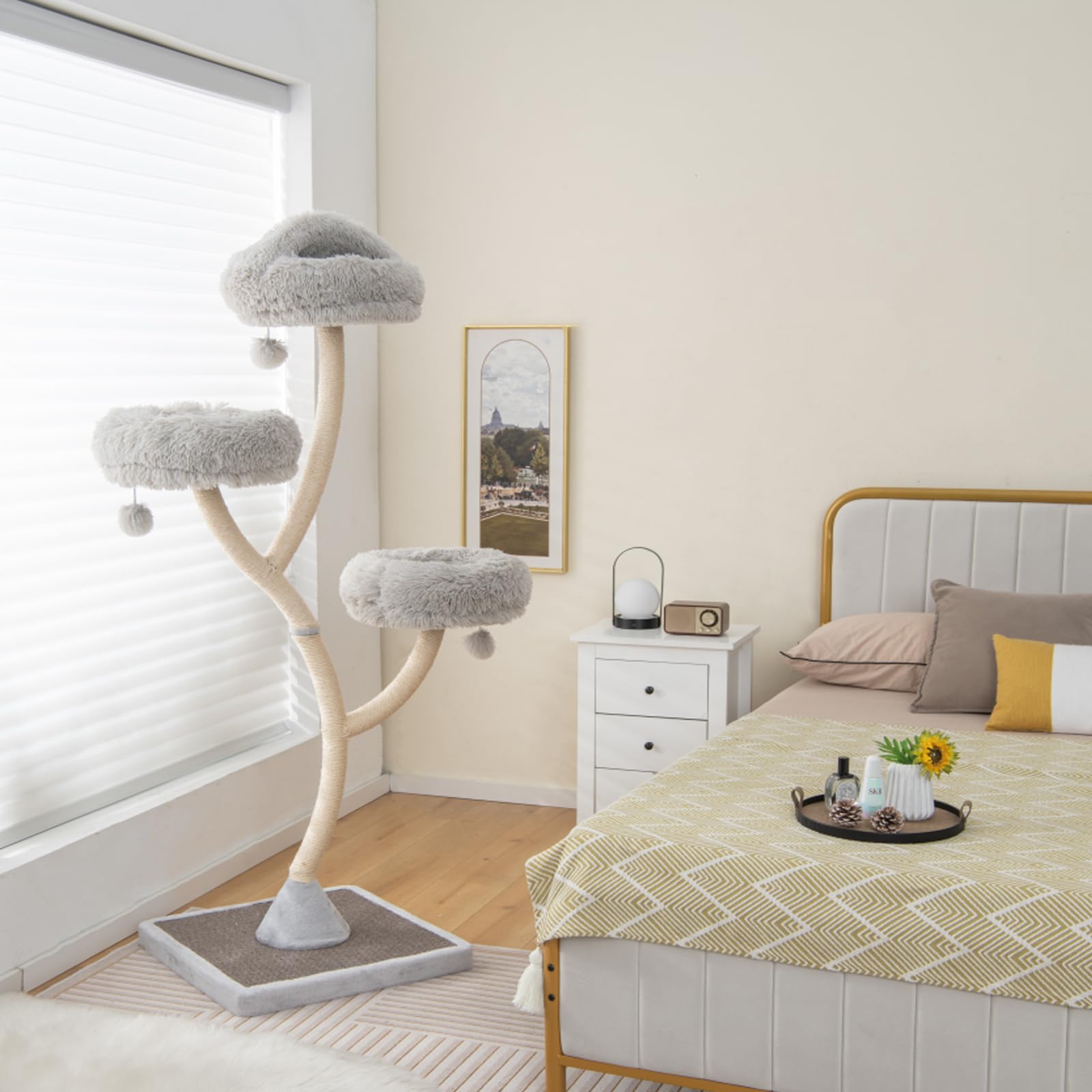 SOARS Albero Tiragraffi per Gatto Alto 180 cm a 4 Livelli, Albero per Gatti Forma di Rami con 3 Nidi e Pompon, Torre Gatti Struttura in Metallo e Base in Sisal, 59 x 59 x 178 cm (Grigio)