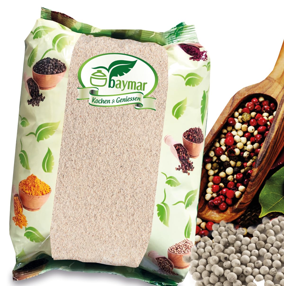 Baymar Gewürze Weißer Pfeffer gemahlen 1kg – Feines Pfefferpulver für helle Saucen, Cremesuppen & Fischgerichte | Gourmet Qualität | 100% naturrein ohne Zusätze