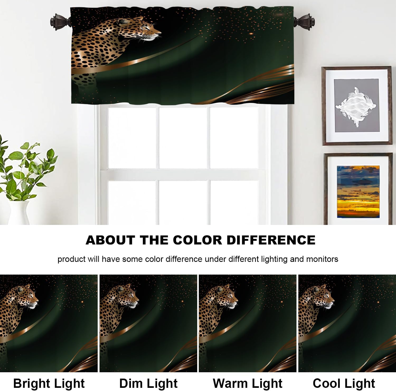 Batmerry Leopard Sparkles Kitchen Curtains, Animal Wild Cat Window Treatments Blackout Valance Curtain for Living Room/Bathroom, 2 Pack 52X18 Inches
