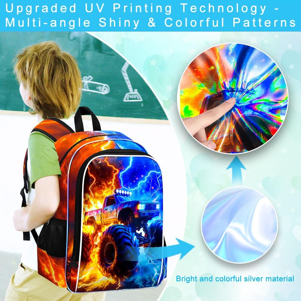 gxtvo 3PCS Kids Truck Backpack for Boys, 17" Boys Bookbag with Lunch Box, Water Resistant Middle Elementary School Bag - Fire & Lightning Truck