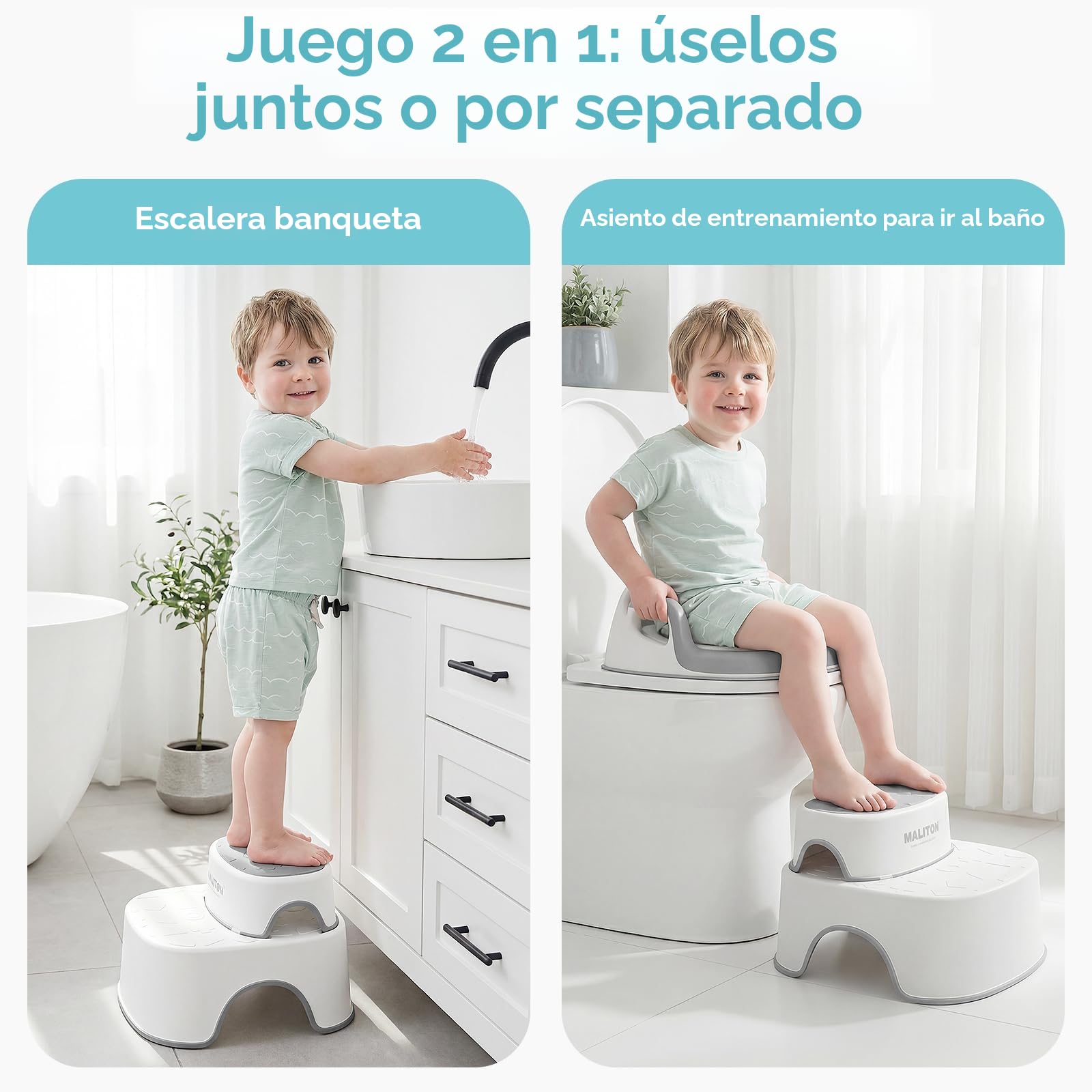 Maliton adaptador wc niños, Asiento de entrenamiento para ir al baño infantil con taburete, reductor wc niños, Antideslizante, antisalpicaduras(Un orinal + dos taburetes para niños)