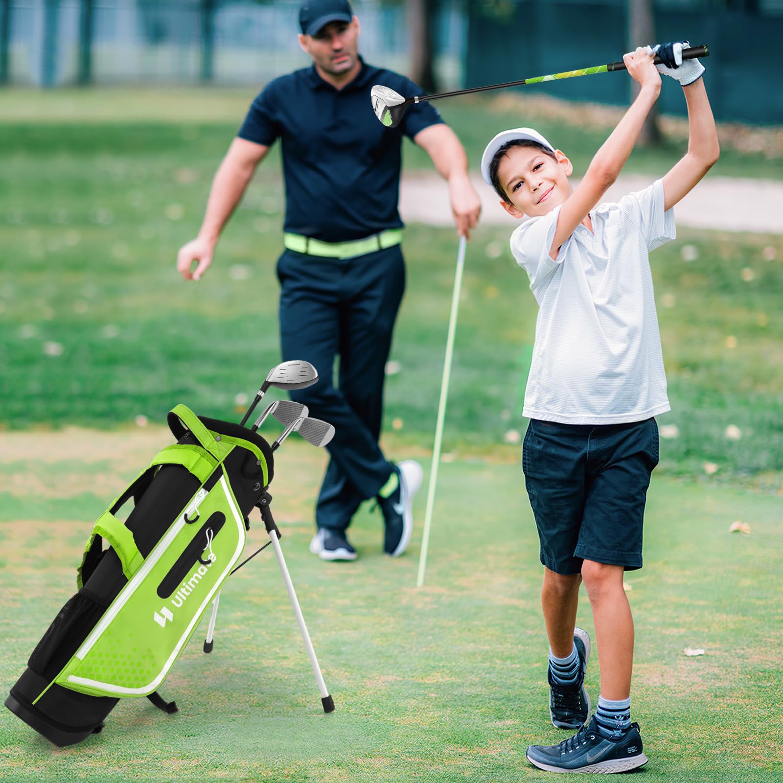GYMAX Juego Completo De Palos De Golf para Niños Diestros De 8 A 10 Años, Incluye Fairway De Madera N.° 1 con Cubierta para La Cabeza, Hierros N.° 7 Y N.° S, Putter Y Bolso con Capucha