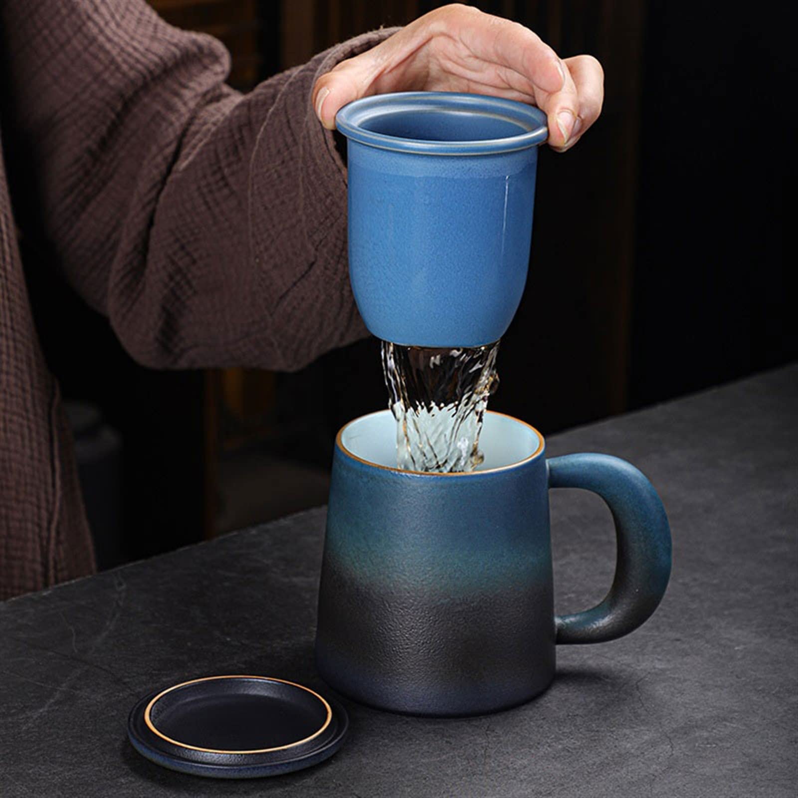 Mug Tasse en céramique 450ML Tasse à Boire de Grande capacité avec Couvercle et Filtre Tasse à thé Antique Tasse à thé (Color : Bruin)