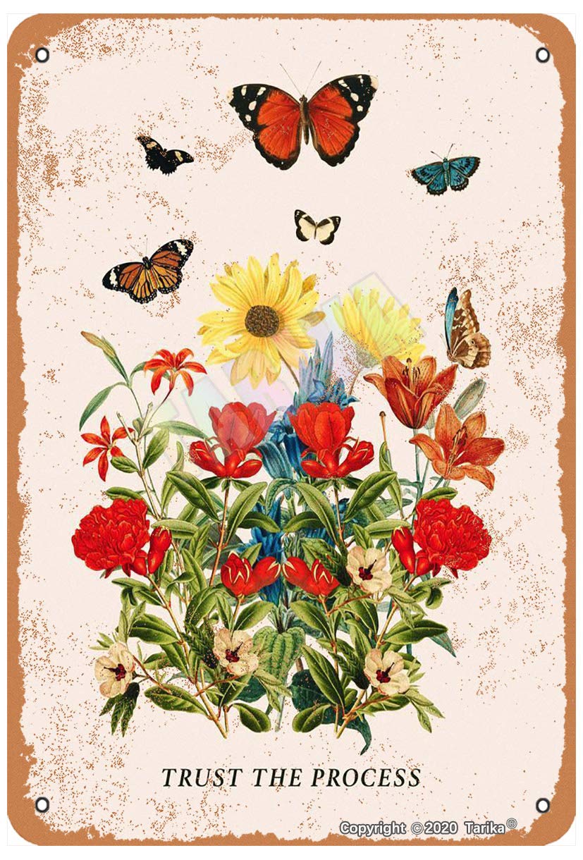 Tarika Red Trust The Process Butterflies And Flowers Metal Retro Look 20X30 Cm Decoration Plaque Sign For Home Kitchen Bathroom Farm Garden Garage Funny Wall Decor