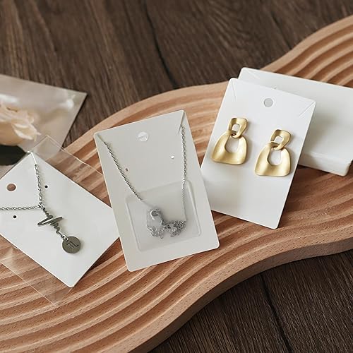 Miniatura 5 de Temlum 100 tarjetas de exhibición de joyas con 100 bolsas adhesivas y bolsas transparentes, soportes para tarjetas de collar y aretes para vender