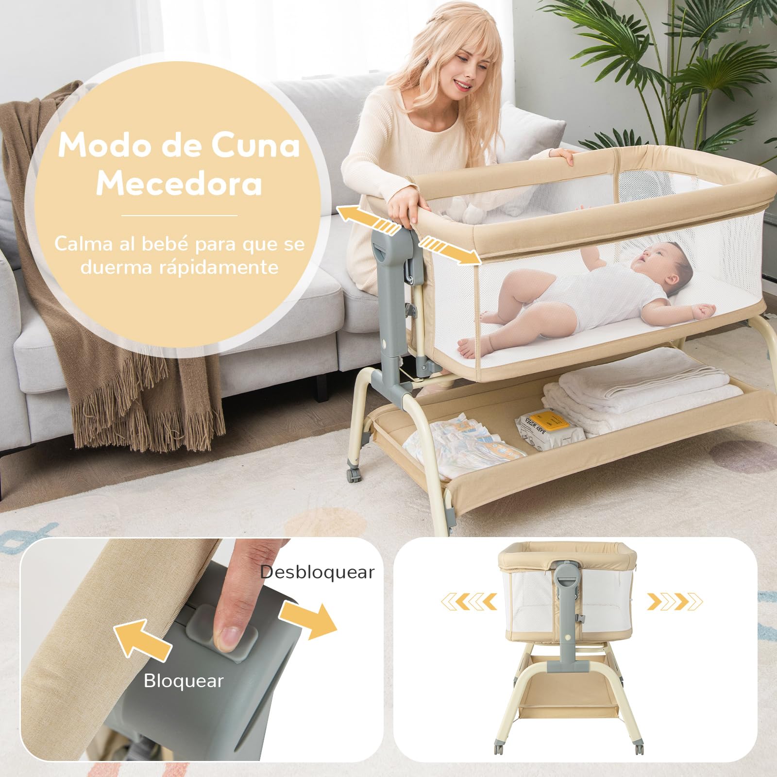 GOPLUS Cuna de Viaje para Bebé, Portátil con 6 Alturas Ajustables, Ruedas, Colchón y Mosquitera, Cama Colecho con Cesta de Almacenaje y Bolsa de Transporte, para Bebés 0-6 Meses (Beige)