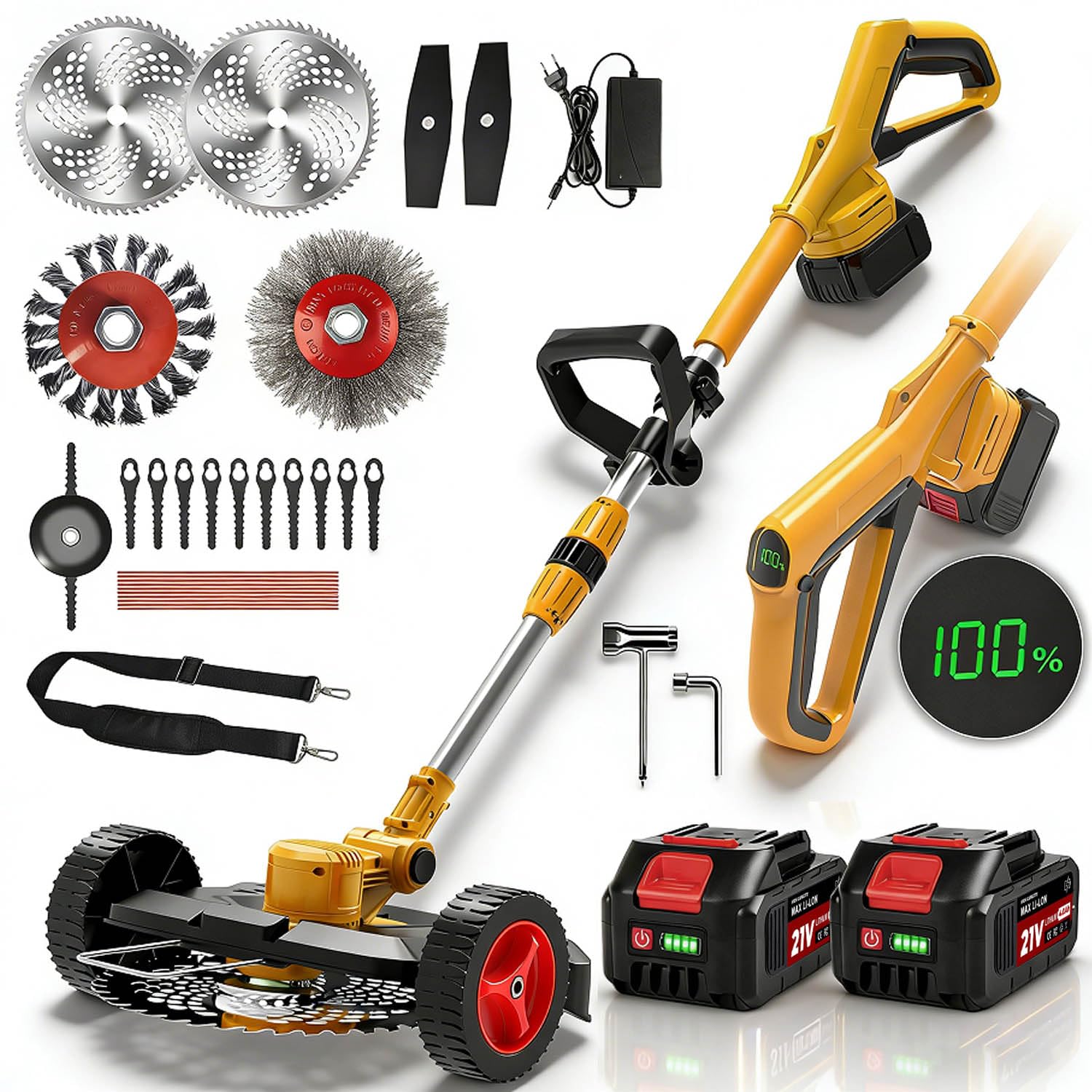 Rasentrimmer mit Akku und Unkrautbürste, Akku Rasentrimmer für Makita-Akkus mit 4 Klingentypen und 2 x 4.0Ah Bürstenlose Freischneider Akku für Garden Trimmen (Gelb)