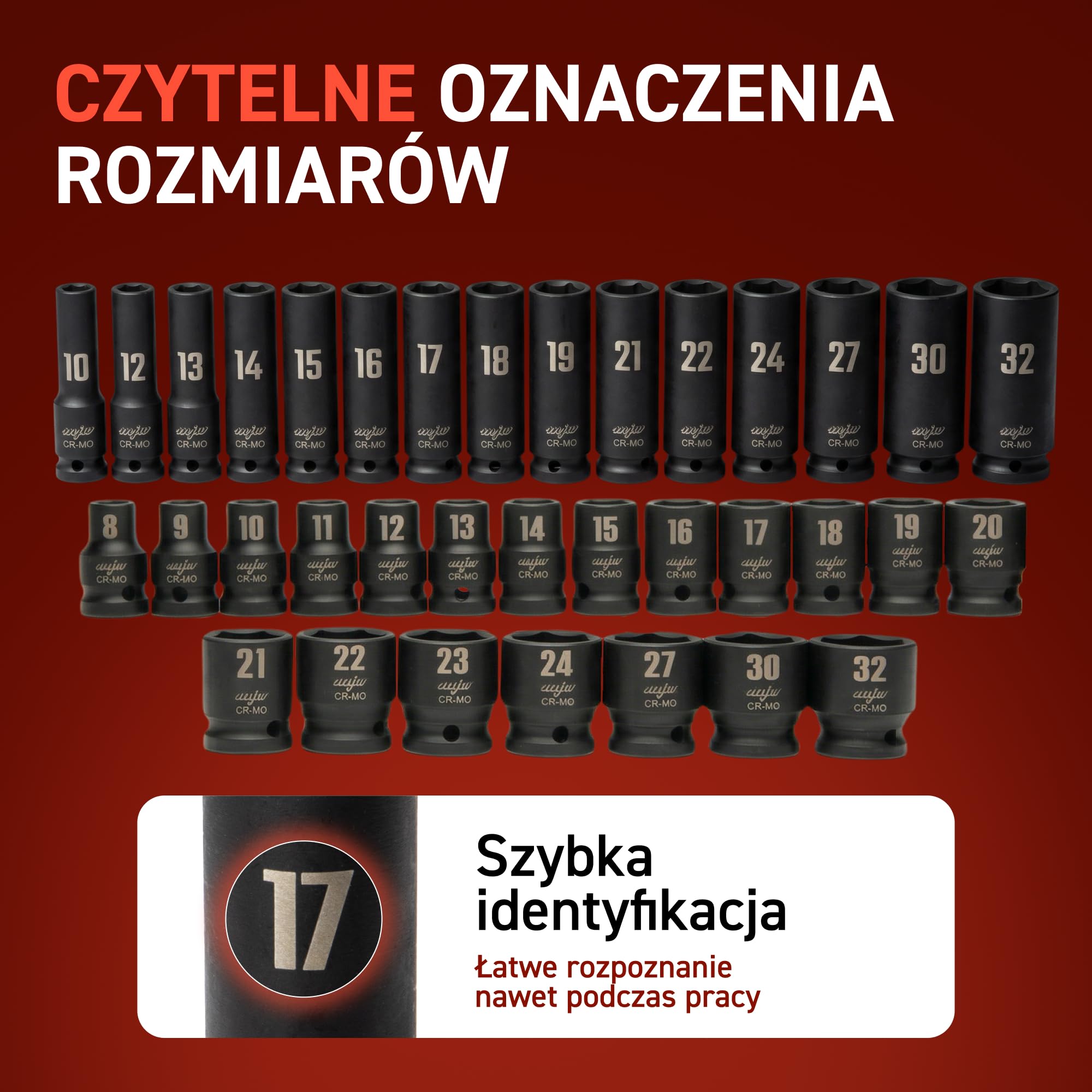 MJW Nasadki udarowe CrMo 1/2" 35 el. (8–32 mm krótkie, 10–32 mm długie) – zestaw nasadek udarowych do kluczy udarowych i narzędzi ręcznych – do garażu i profesjonalnego warsztatu