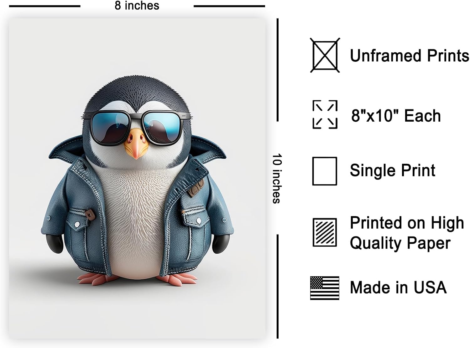 Poster Master Baby Penguin Print - Cute Baby Penguin in Glasses Poster - Minimal Art - Gift for Boys, Girls & Parents - Fun Wall Decor for Nursery, Kid's Room or Bedroom - 8x10 UNFRAMED Wall Art