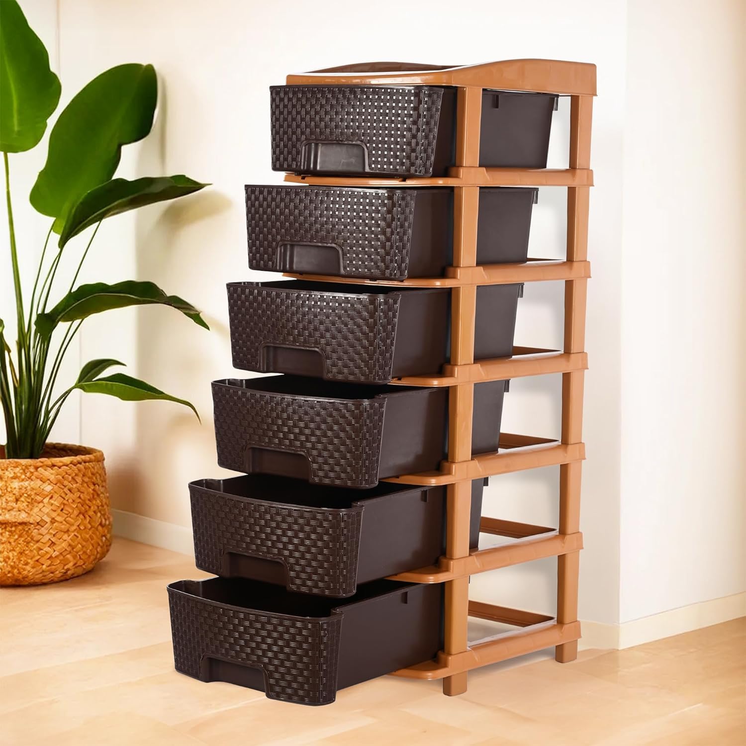 6 Layer Plastic Storage Drawer Organizer with Rattan Design | Multipurpose Storage Cabinet for Clothes, Toys, Cosmetics, Kitchen & Home Essentials | Durable Drawer Unit | Brown & Orange-image-19