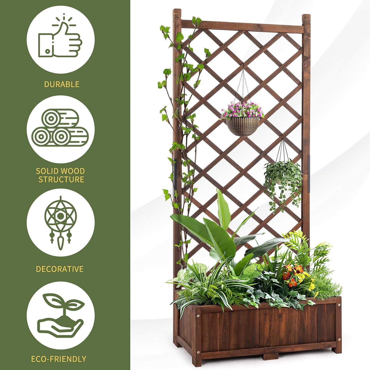 Wood Planter Raised Garden Bed,with Trellis,29.5 x 16.9 x 67'' Outdoor Raised Garden Bed with Drainage Holes, Free-Standing Trellis Planter Box for Vine Climbing Flowers in Garden