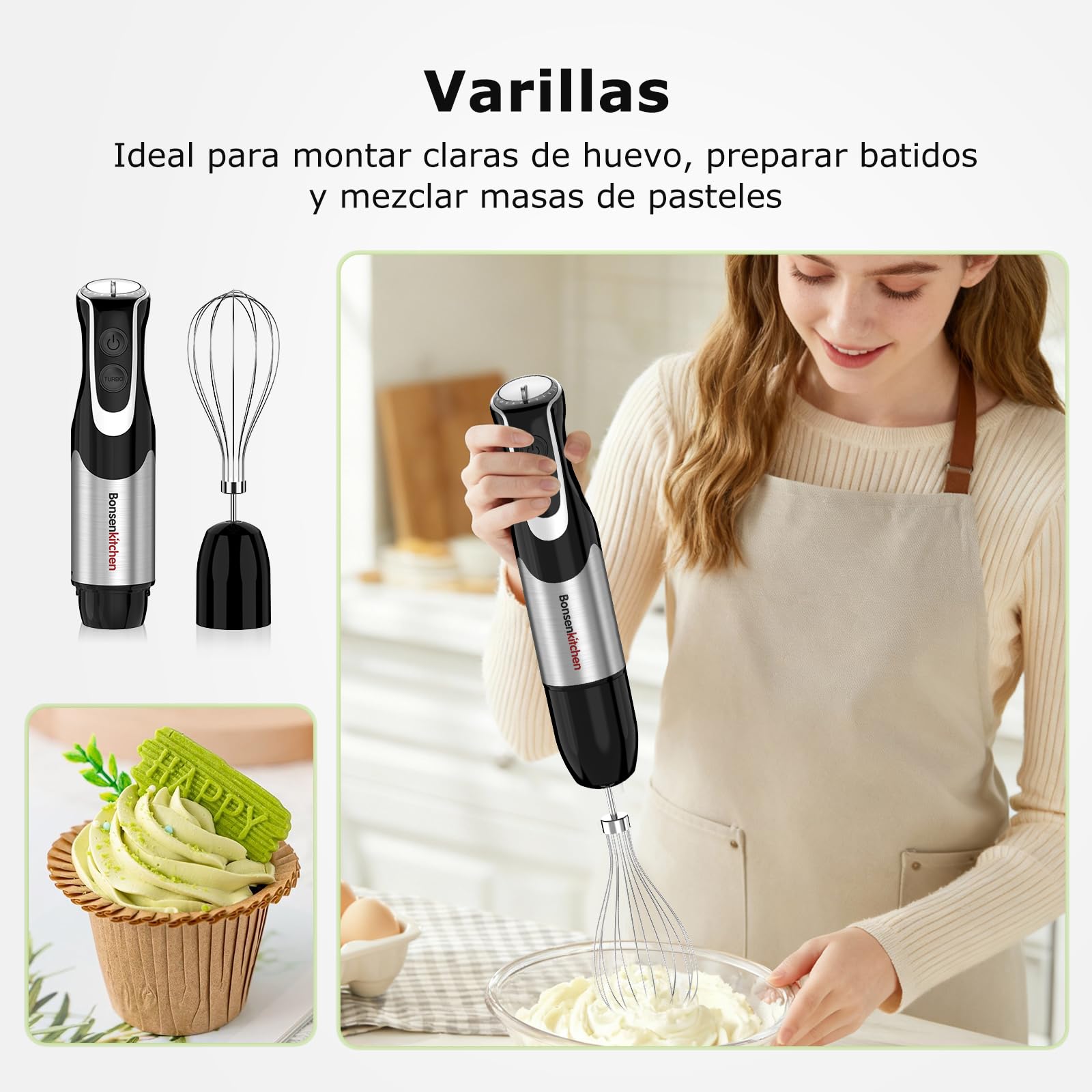 Bonsenkitchen Batidora de Mano 4 en 1, 1000W Batidora de Inmersión de Acero Inoxidable con 12 Velocidades y Función Turbo, Incluye Batidor, Vaso Medidor 700ml y Picador, Batidora Multifunción