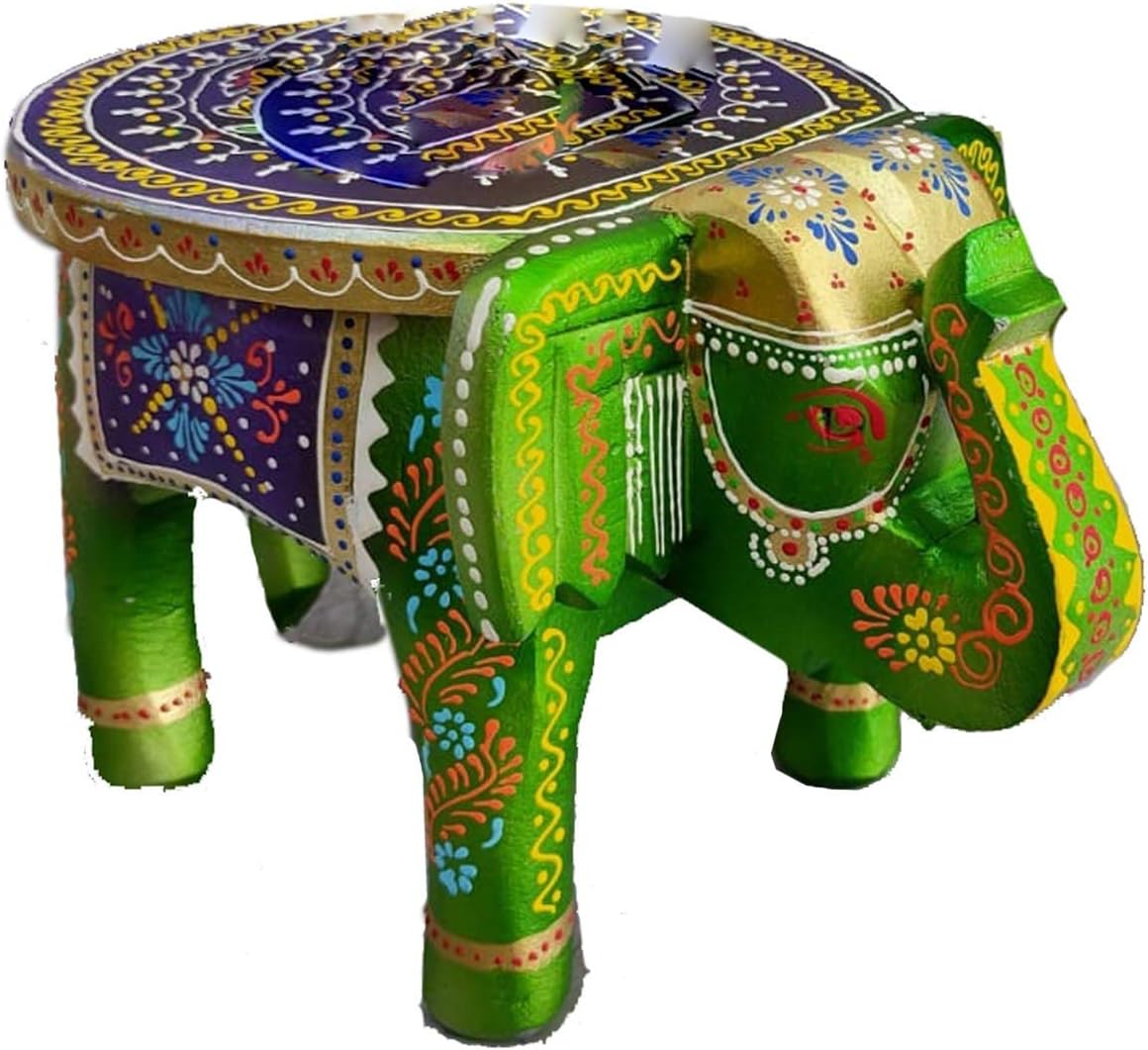 Wooden Decorative Rajastani Hand Green Painted Elephant Stool | Home Decorative Items in Living Room, Bedroom | Showpiece Gifts(8 inch)