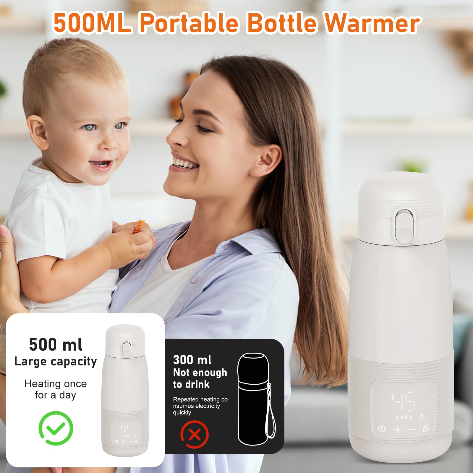 Podgrzewacz do Butelek, 500 ml Podgrzewacz do Butelek dla Dzieci w Podróży | Przenośny Precyzyjna Regulacja Temperatury od 37 do 55 Stopni Regulacja do Nocnego Karmienia w Podróży