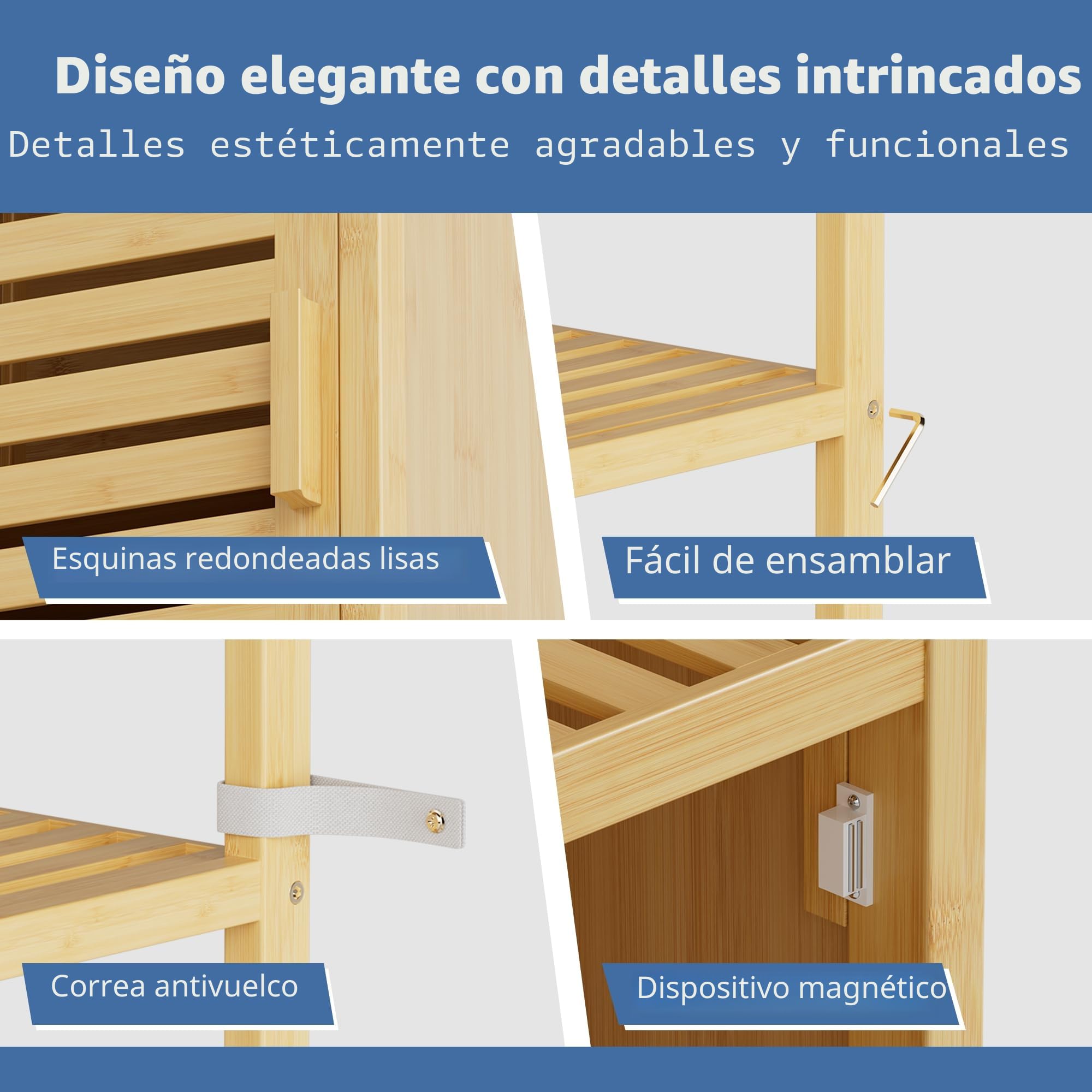 HITNET Mueble Columna Baño Estrecho, Armario Alto Baño Bambu, Gabinete de Almacenamiento con Estantes Ajustables y Compartimentos Abiertos, para Espacios Pequeños, Natural