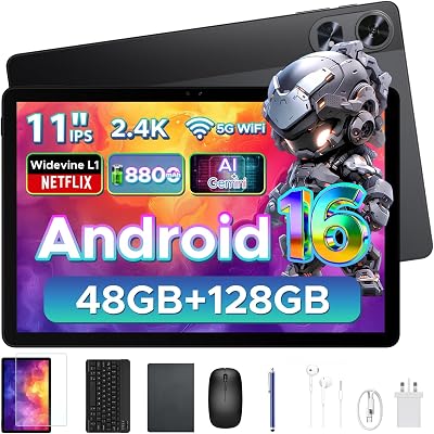 P11 Pro 11 Inch Tablet with Android 16 & Gemini AI, 48GB RAM+128GB ROM/2TB, T7250 Octa-Core, 8800mAh/18W, 90Hz, 5MP+13MP, GPS, FM, Face ID,OTG,5G WiFi, Tablet with Keyboard Stylus, Black