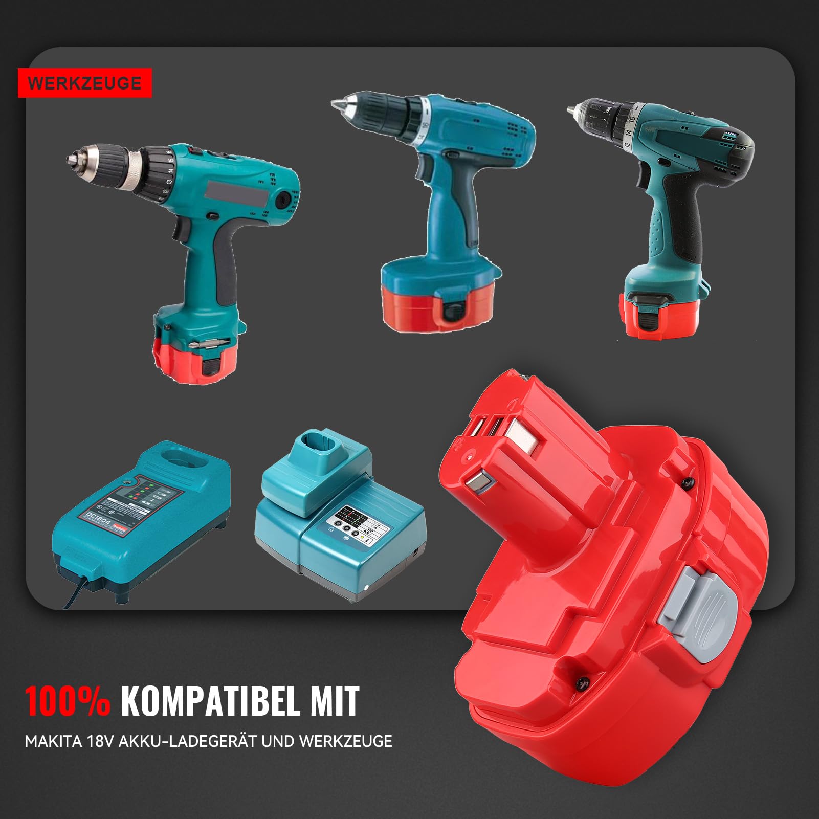 2 Stück 4,8Ah NI-MH 1822 Ersatzakku für Makita 18V Akku Kompatibel mit Makita Akku PA18 1833 1834 1835 192827-3 1928273 192829-9 193102-0 193159-1 193784-8 Werkzeug