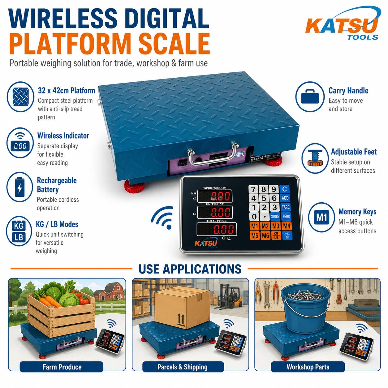 KATSU Balanza Industrial de Plataforma 100kg /10g Electrónica Recargable Báscula Postal Digital con LED Pantalla y 32x42cm Plataforma de Acero a Prueba de Herrumbre para Envío de Paquetes Almacén