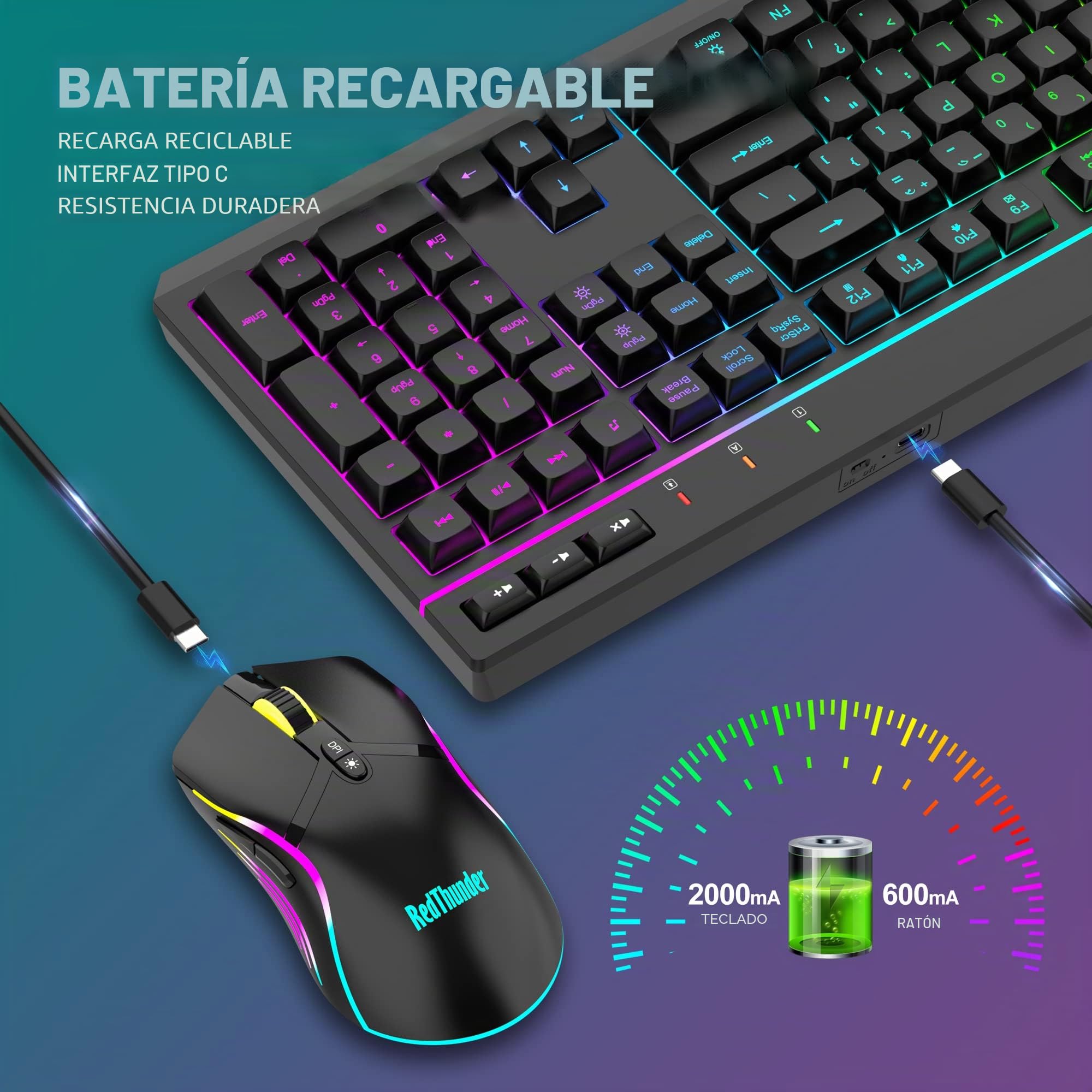 RedThunder K20 Juego de teclado y ratón inalámbricos para gaming, diseño QWERTZ DE, retroiluminación RGB + teclas de función multimedia, ratón inalámbrico de 4800 ppp para PC, Mac, portátil (negro)