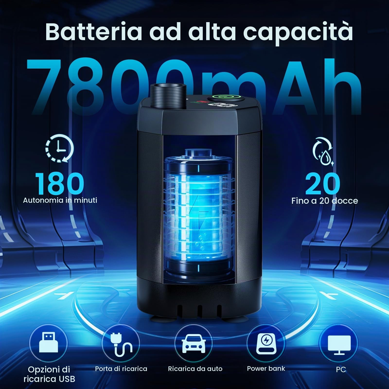 Doccia Portatile da Campeggio 7800mAh Ricaricabile Doccia Solare da Giardino Doccia Solare da Giardino Doccia Esterna Doccia da Giardino per Spiaggia, Auto, Giardino, Animali