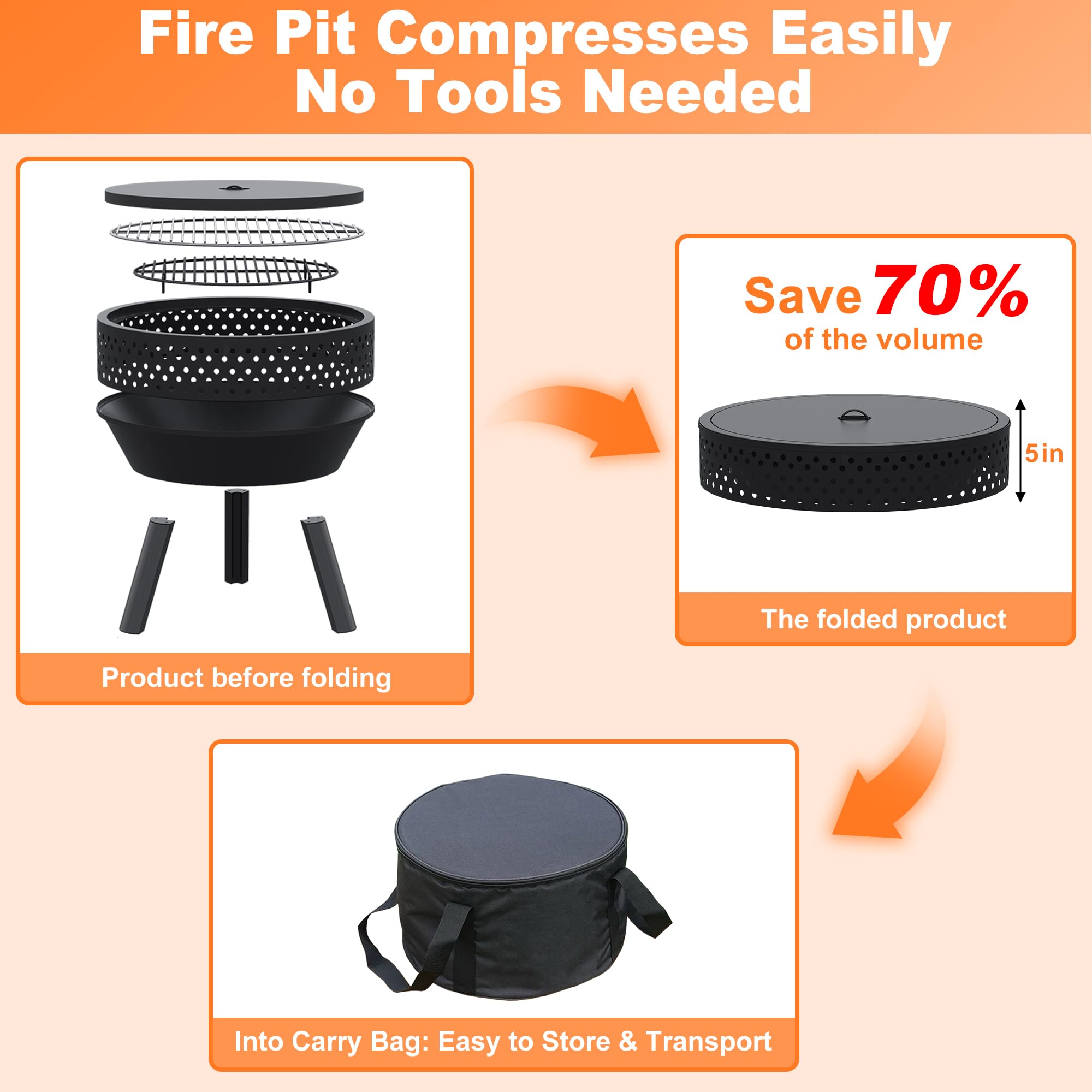 Braciere da Esterno 21 Pollici con Griglia, Braciere da Giardino Versatile Portatile a Legna con Borsa Impermeabile e Attizzatoio, Focolare da Esterno, Falò e Campeggio, Ciotola per Barbecue