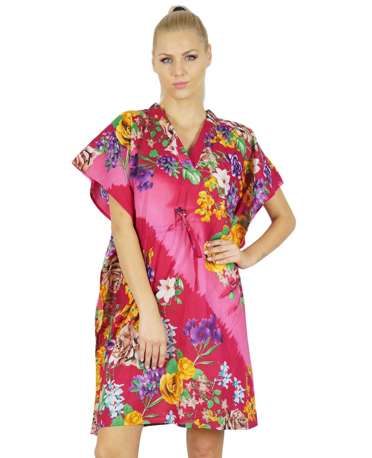 Bimba Women Cotton Kaftan Bridesmaid Short Pink Floral Chic Beach Caftan