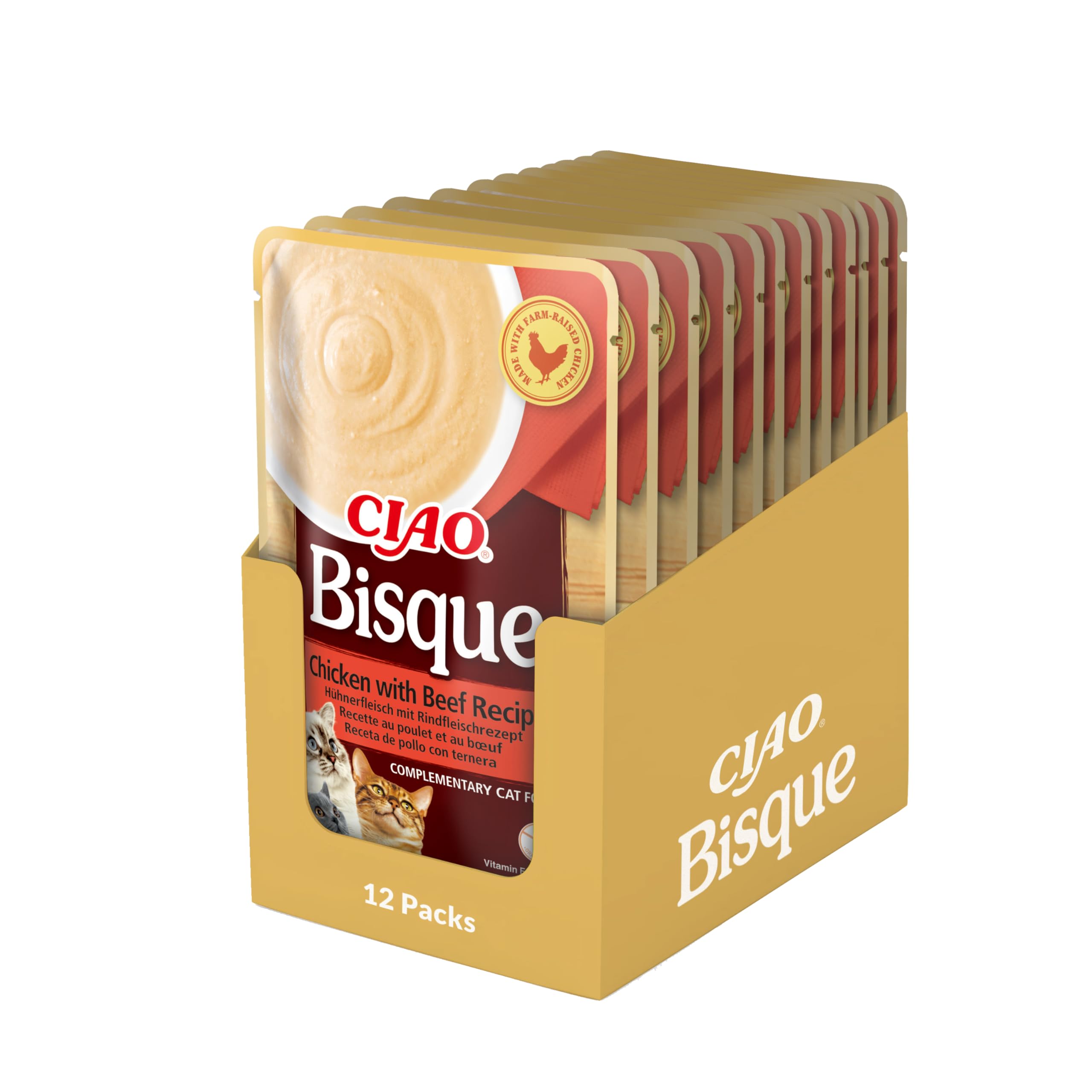 Ciao Bisque by INABA Wet Cat Food - Chicken with Beef - 12 Packs (480g total) / Moist Treat, Delicious & Healthy Snack, Puree Food Topper, Side Dish, Complement, Natural, Grain Free, Wet Cat Food