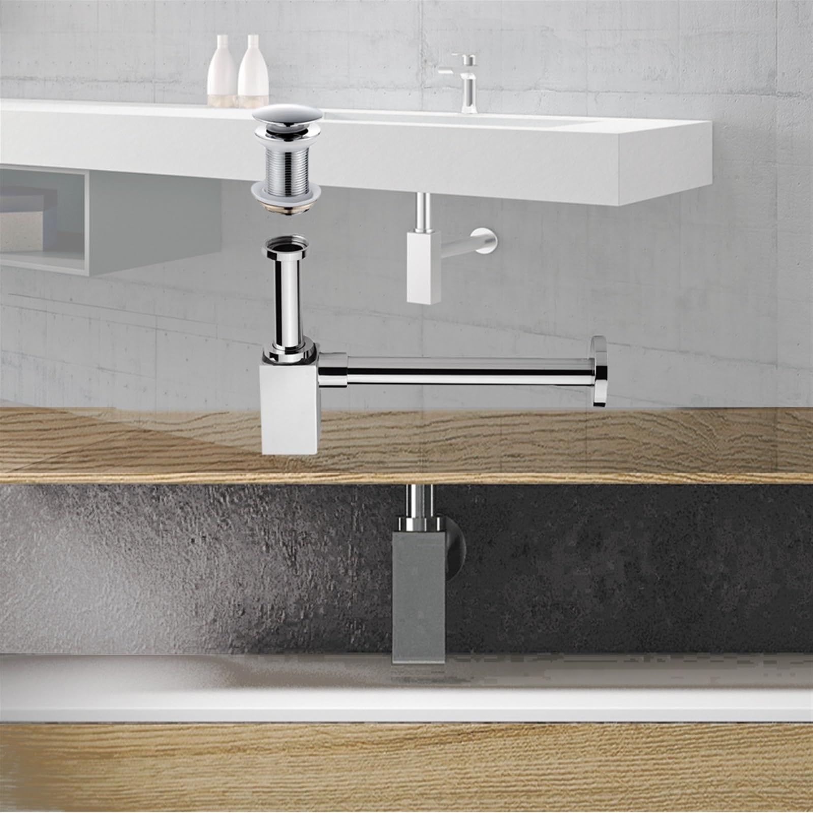 Válvula de sifón emergente for fregadero de drenaje de trampa de botella cuadrada for lavabo de baño Manguera de trampa en P negra for renovación del hogar.(Chrome overflow)