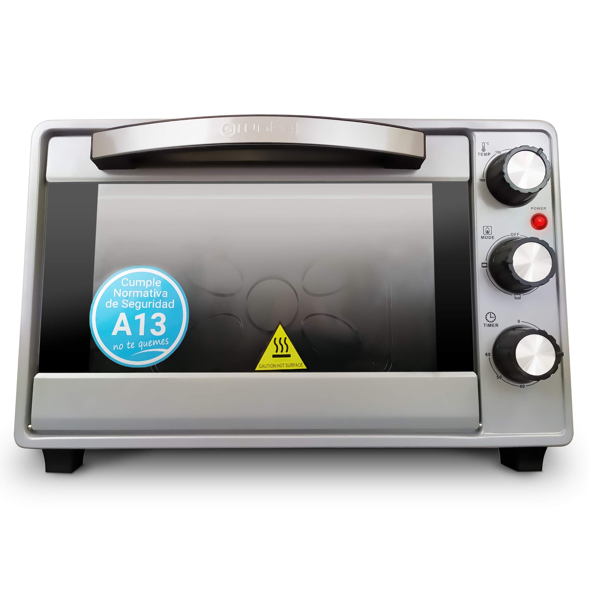 Grunkel Horno eléctrico multifunción de sobremesa de 23L con 3 funciones de calor y selector de temperatura hasta 230ºC. Temporizador hasta 60 min - 1600W