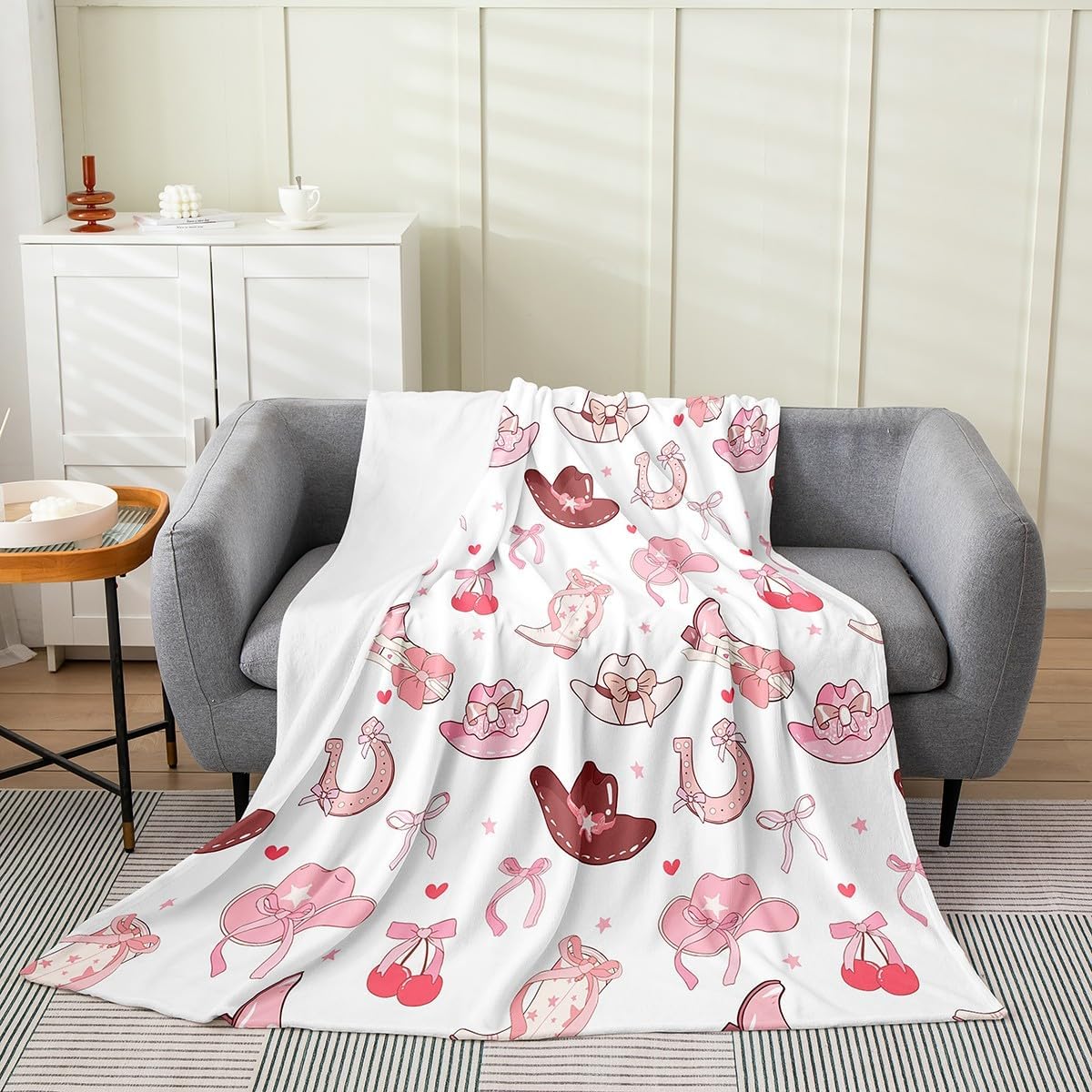 Western Cowgirl Fleece Blanket,Tribal Texas Stars Hats Boots Horseshoe Bed Blanket for Kids Teens,Princess Style Pink Bowknots Cherry Starry Flannel Blanket for Room Decor,Queen 90"x90"