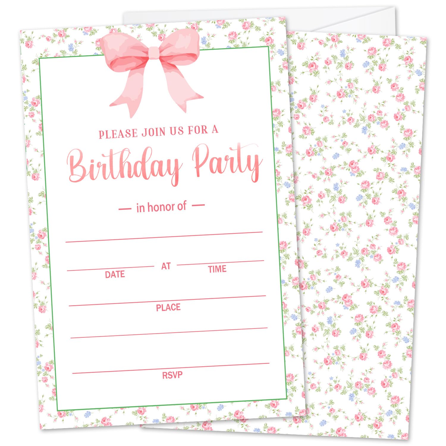 Zwsrplo Bow Birthday Party Invitations for Women Girls, Floral Birthday Invitations Girl Birthday Invitations Cards for Women Teen Kids 20 Invitations