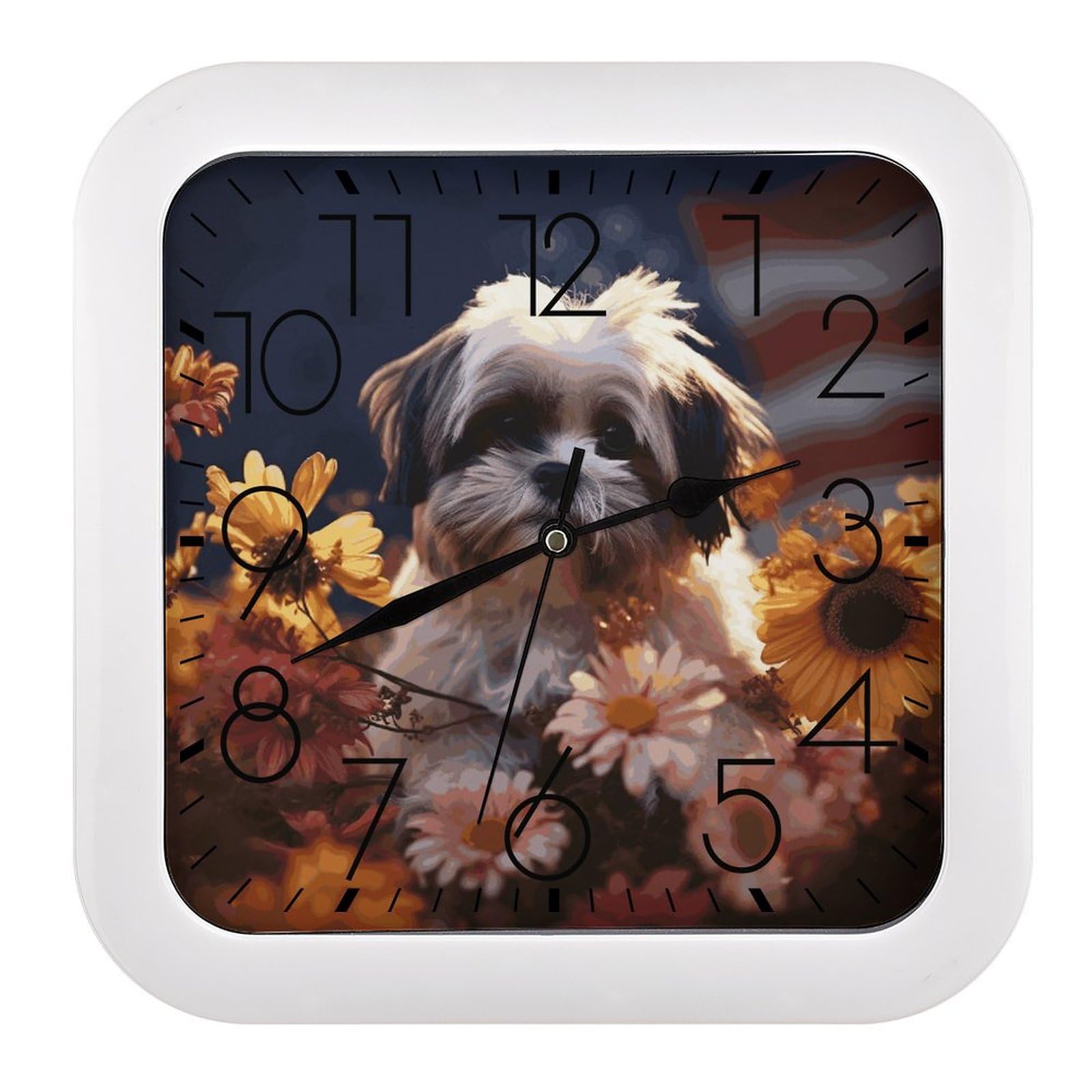 Horloge murale silencieuse sans tic-tac à motif Shih Tzu et fleurs 25 cm