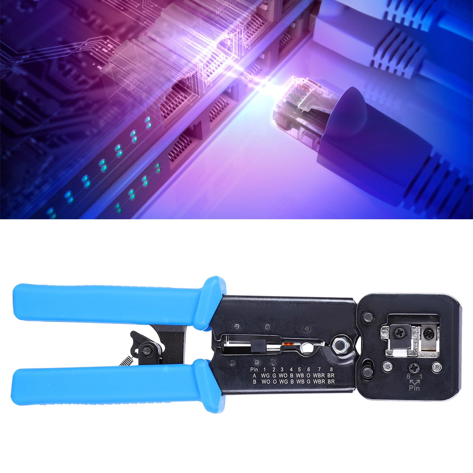 Crimpatrice per cavi di rete multifunzionale, spelafili e pinza a crimpare per connettori RJ45 e RJ11 a 4P, 6P, 8P con impugnatura ergonomica antiscivolo