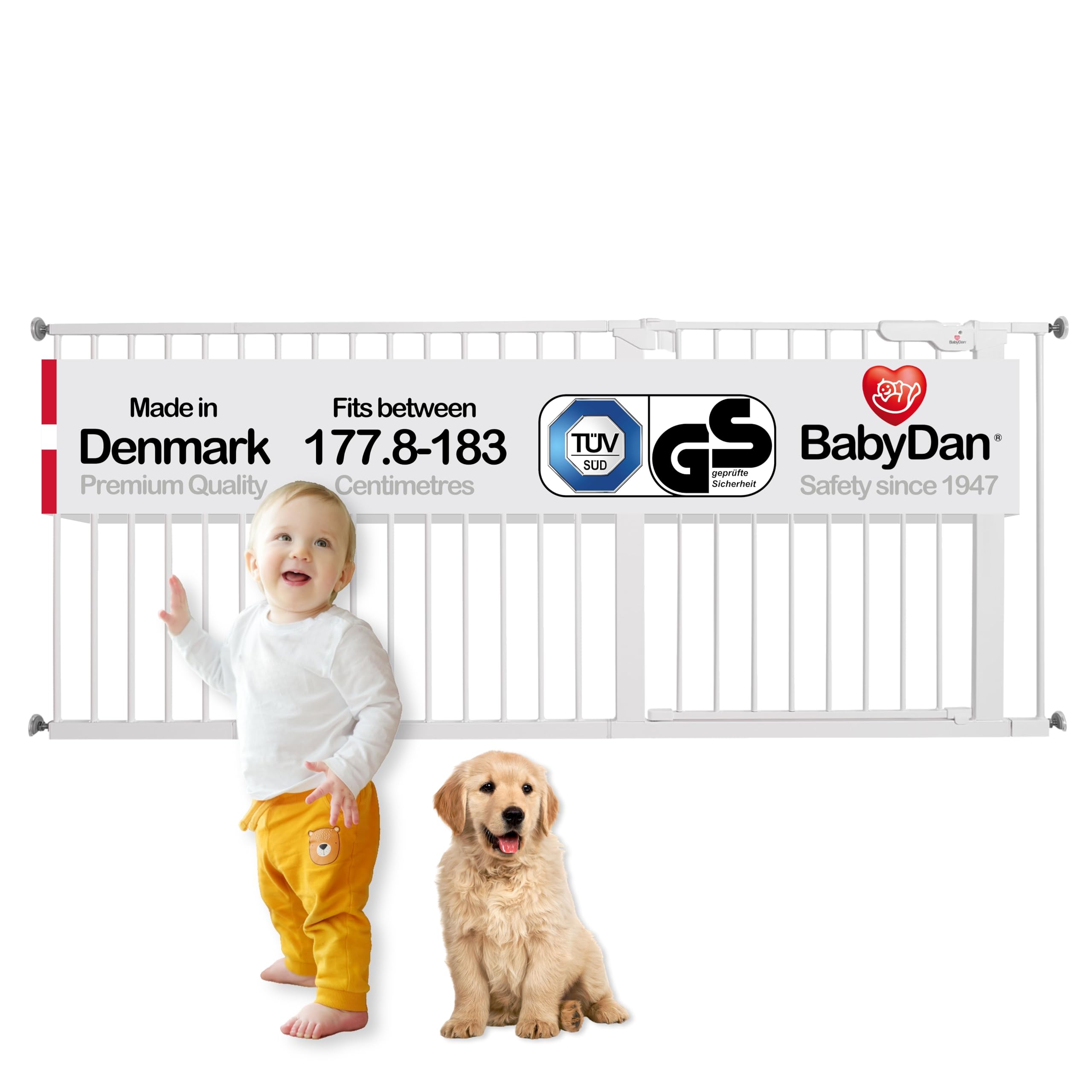 BabyDan Premier, Extra breit Ohne bohren Treppenschutzgitter, 177,8-183 cm, Babygitter/Sicherheitsgitter, Metall, Weiß, Hergestellt in Dänemark - (Haustiergitter/Hundegitter)