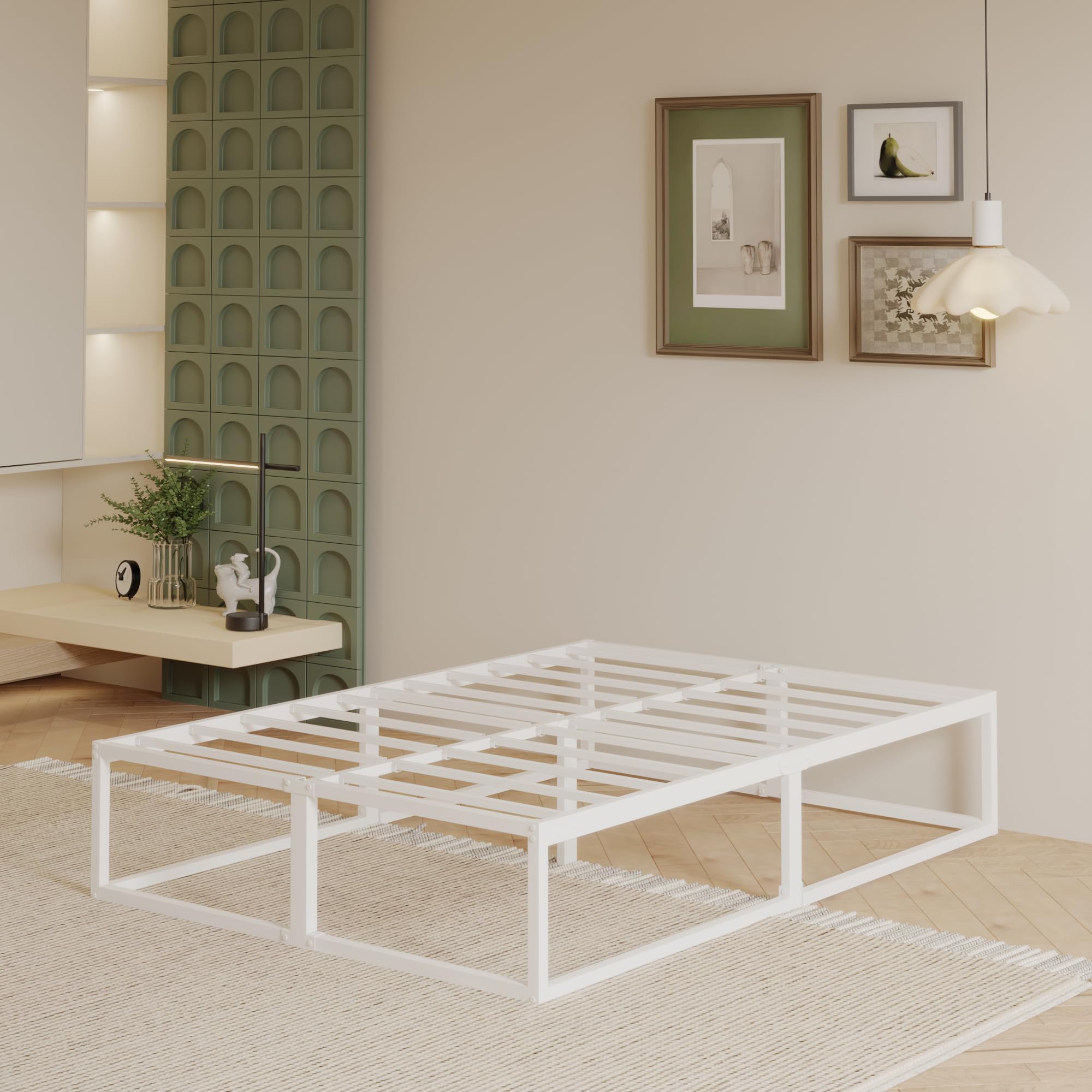 EMODA Struttura Letto 120 x 200 alta 36 cm con supporto a doghe in acciaio, Letto in Metallo Resistente Piattaforma Solida Ampio Spazio di Archiviazione, Silenziosa, Facile Montaggio, Bianco