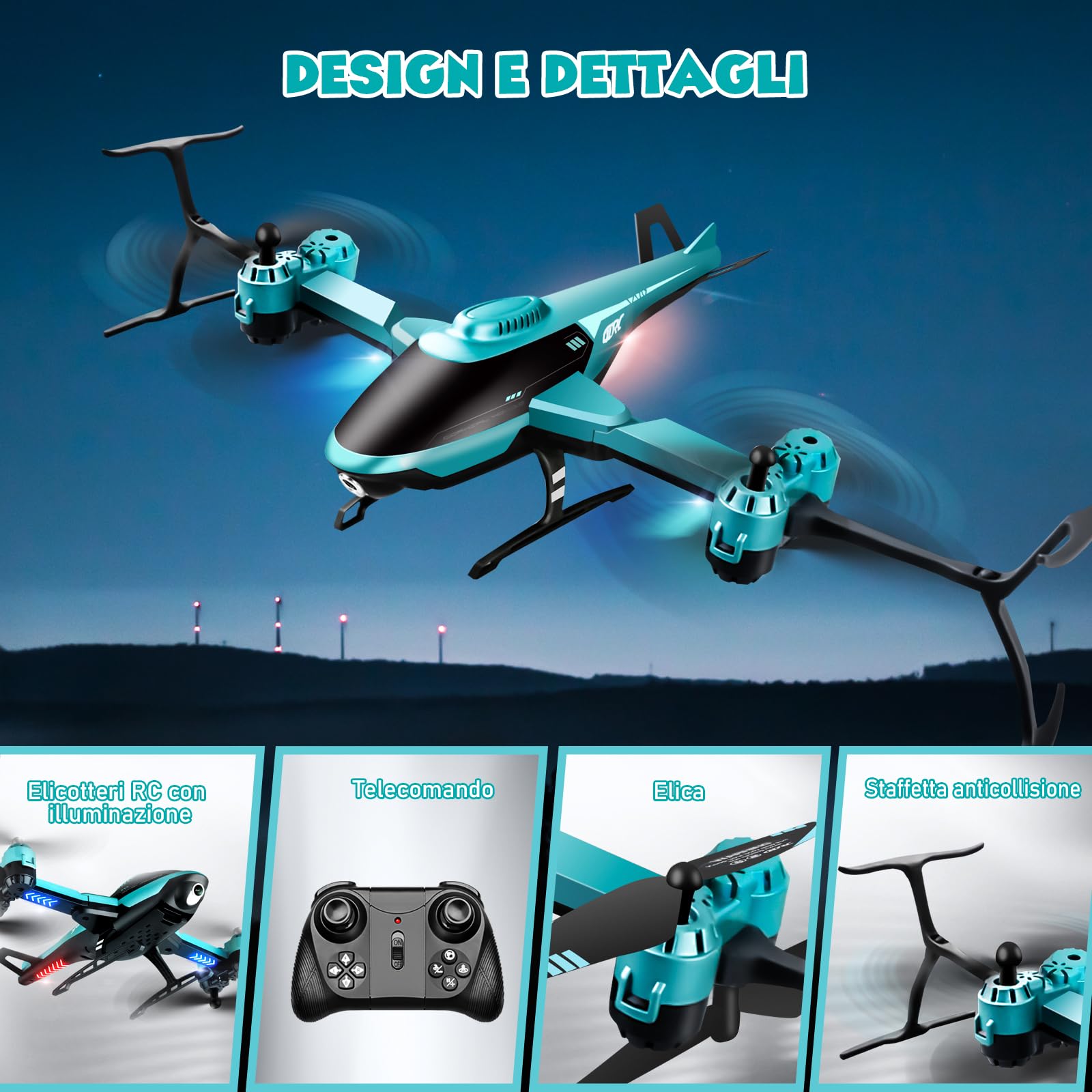PATEMZON Elicottero Telecomandato, 2.4GHz RC Aereo Giocattoli con Luce Led e Volo Notturno, Rotazione A 360°, Involucro Pieghevole, Evitamento Ostacoli, Regalo per Ragazzo Ragazze dai 3+ Anni (Verde)