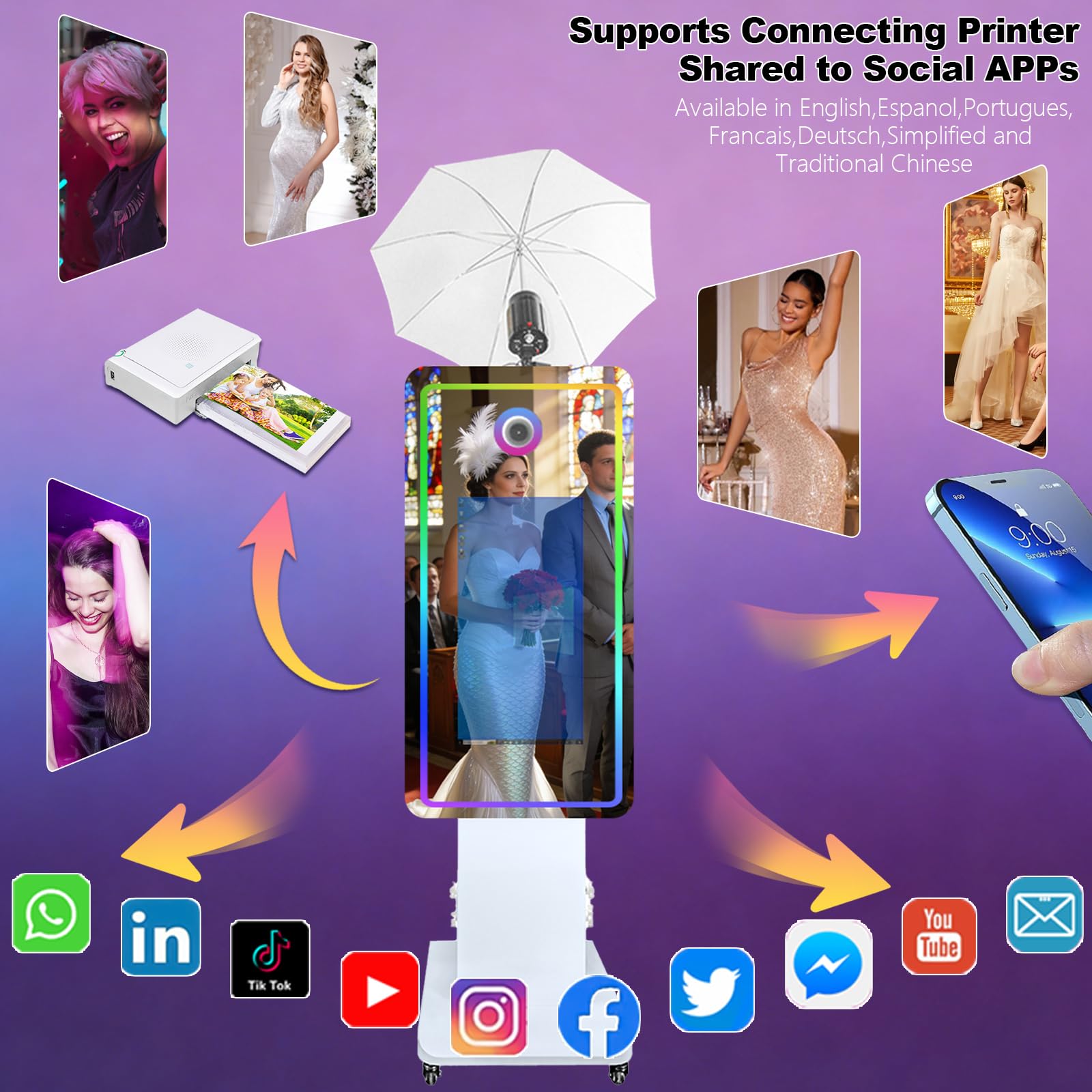 Cabina de fotos con espejo mágico con pantalla táctil y paraguas de luz suave con luz RGB, impresión de ideas y compartir para eventos de alquiler de fiestas (blanco, máquina de cabina de foto)