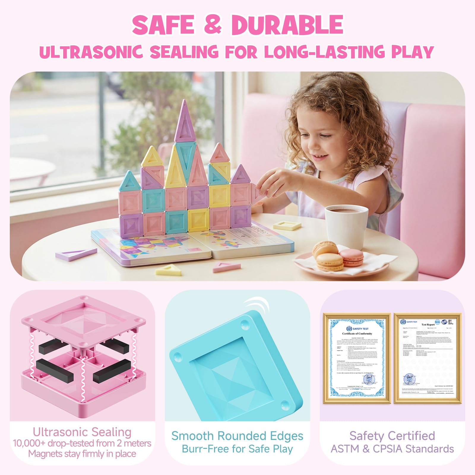 Travel Magnetic Bricks for Age 3+ 40 Pieces Montessori Magnetic Bricks Educational Toy with Portable Tin Box and Built-in Play Plate, Bricks - 5