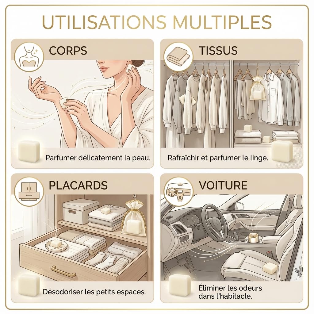 10 cuadrados de almizcle blanco | Perfume sólido natural | Larga duración | Uso Corporal, Tejidos, Armarios y Coche
