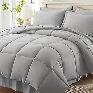 Anluoer King Comforter Set 7 Piece, Light Grey Bed in a Bag with Sheets, Comforters King Size Bedding Sets with 1 Comforter, 2 Pillow Shams, 2 Pillowcases, 1 Flat Sheet,1 Fitted Sheet