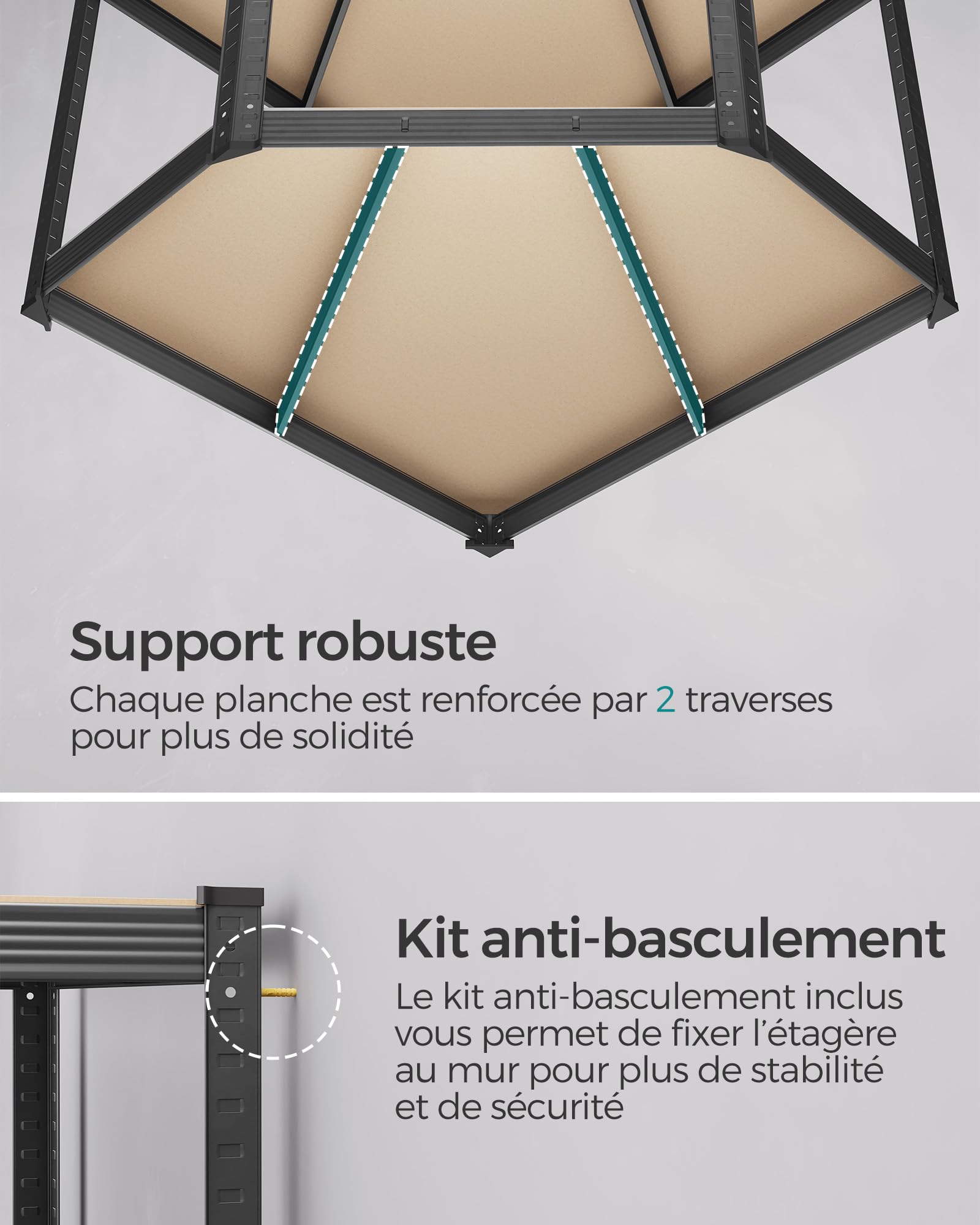 SONGMICS Ensemble d’Étagères d’Angle à 5 Niveaux, Étagères de Rangement en Acier, Charge Lourde, Garage, Entrepôt, Capacité de Charge 2625 kg, Noir d'encre et Beige Naturel GLR070B03 | Étagère de rangement pour garage, salle de rangement, cave GLR070B03