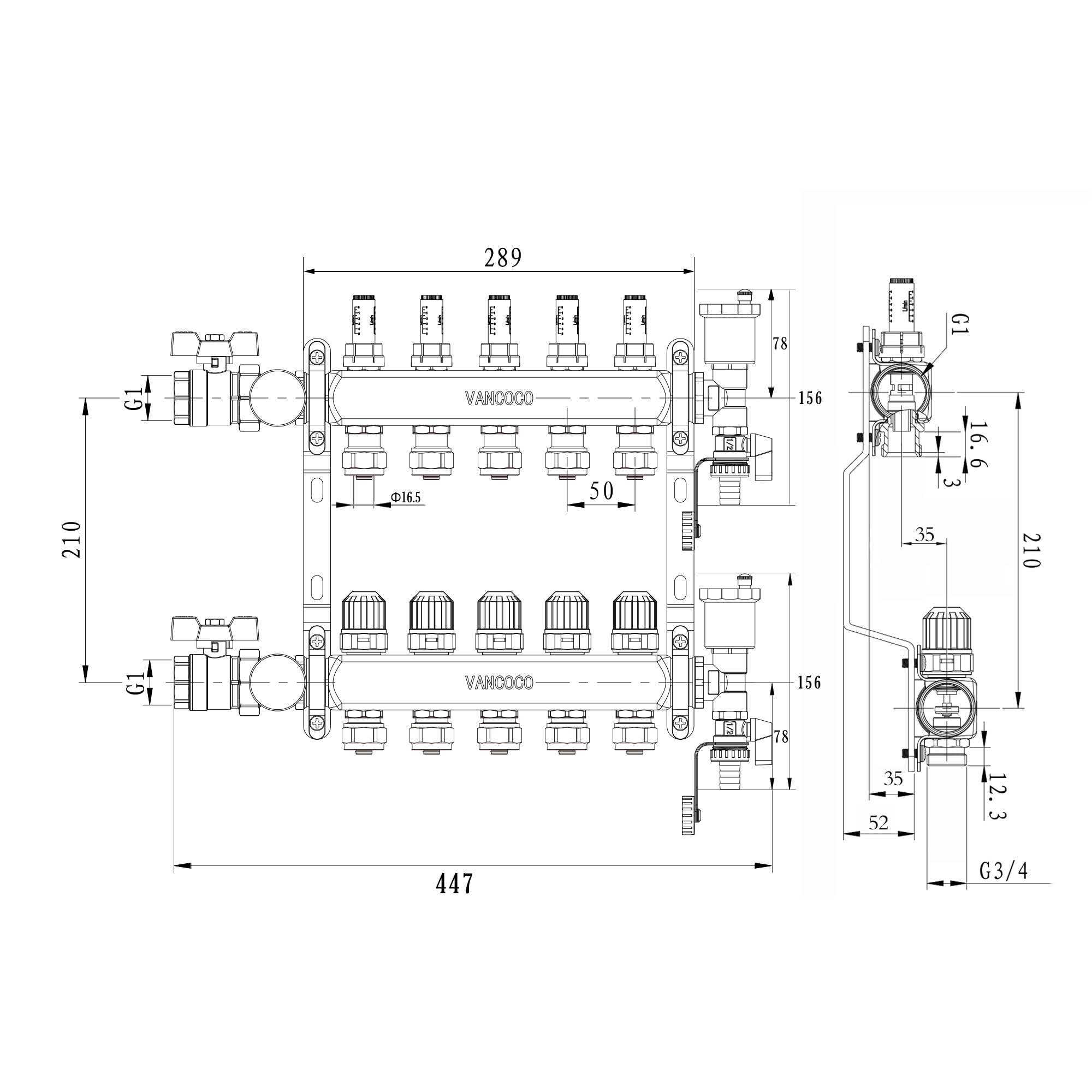VANCOCO Heizkreisverteiler Edelstahl 5 Heizkreise Eurokonus 16×2 mm Fußbodenheizung Verteiler Schnellentlüfter Set 1" Kugelhähne 5 L/min Durchflussmesser