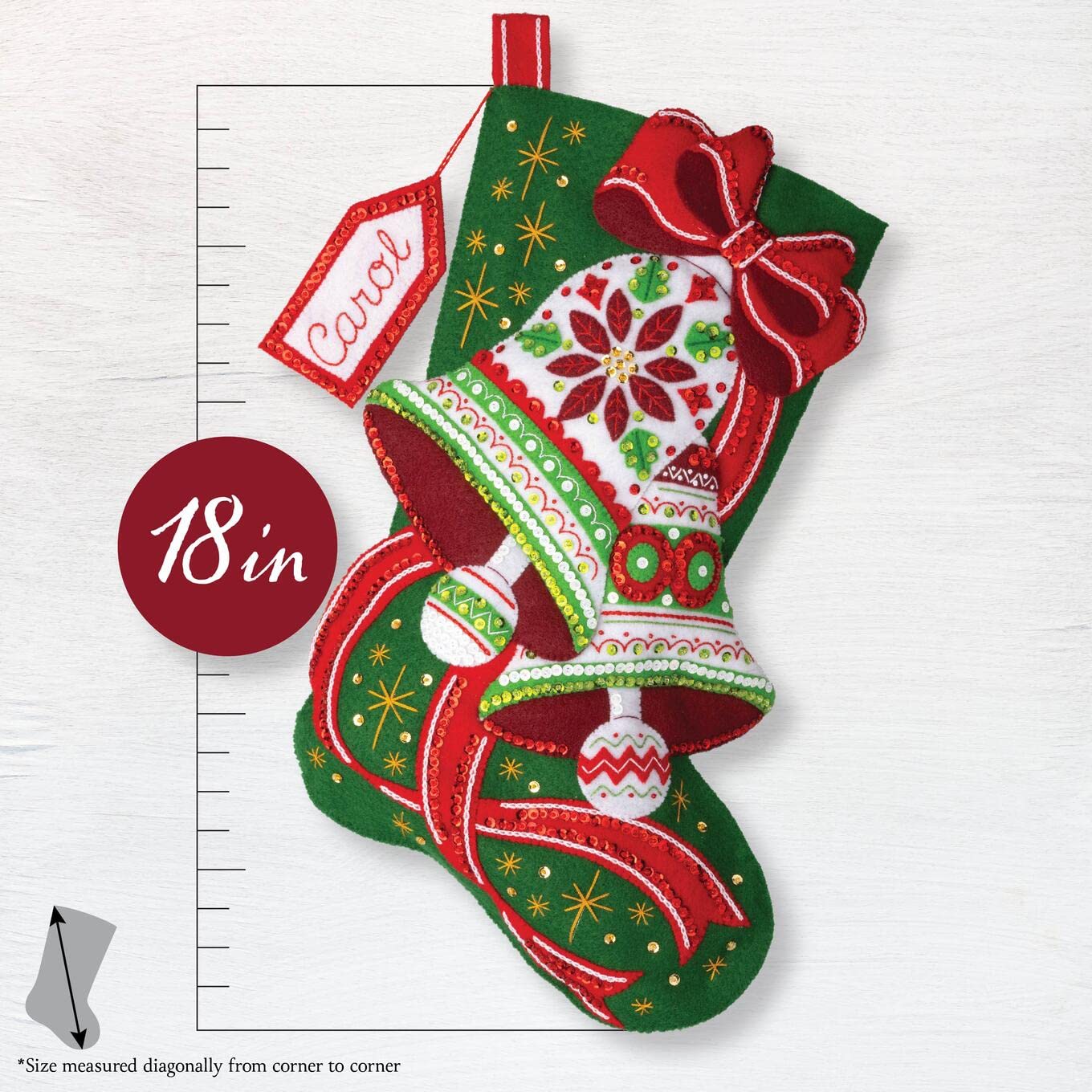Bucilla, Poinsettia Bells, Felt Applique 18" Stocking Making Kit, Perfect for DIY Arts and Crafts, 89595E