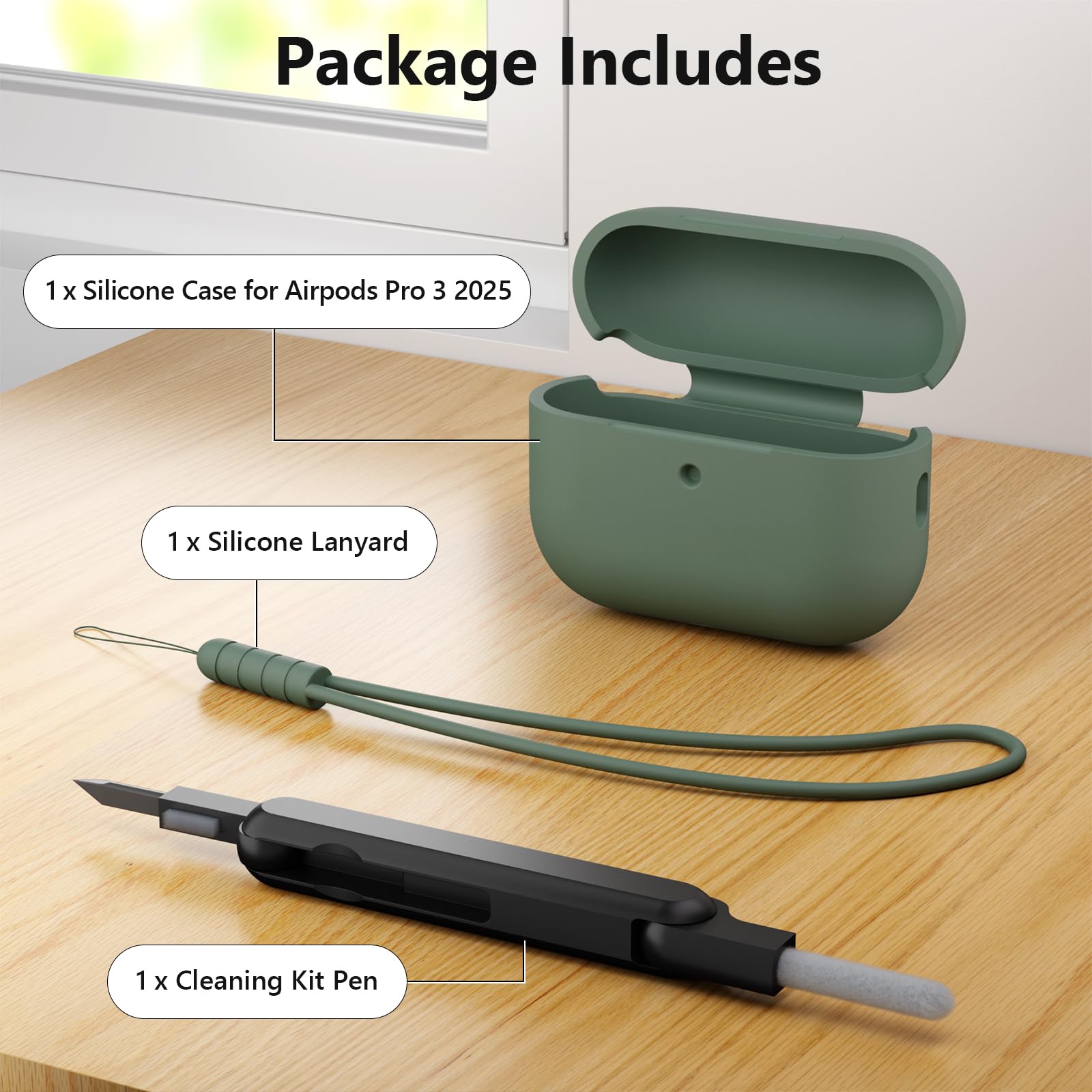 AOTUAO Funda para AirPods Pro 3 (2025) Case Cover, Anti-rasguños Fundas Protectora de Silicona Compatible con Airpods Pro 3.ª Generación con Kit de Limpieza e Lanyard de Silicona, Pine Green — view 7