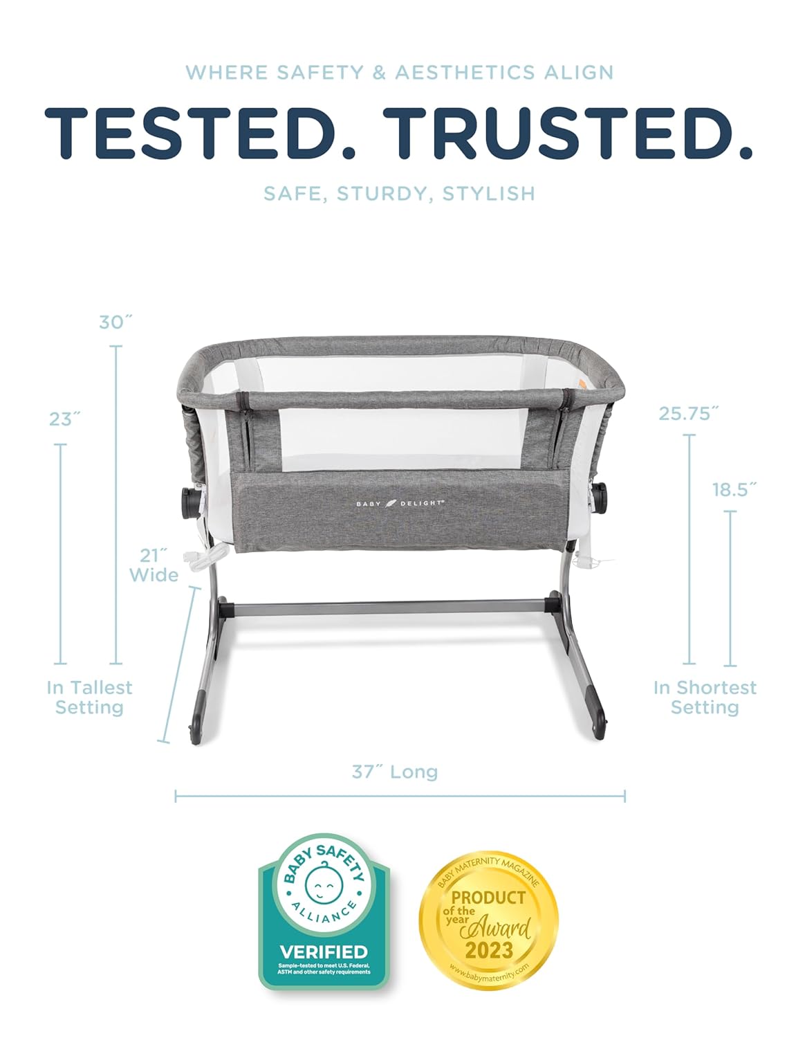 Baby Delight Beside Me Dreamer Bassinet | Bedside Sleeper | 6-Position Height Adjustment | Charcoal Tweed - Image 3