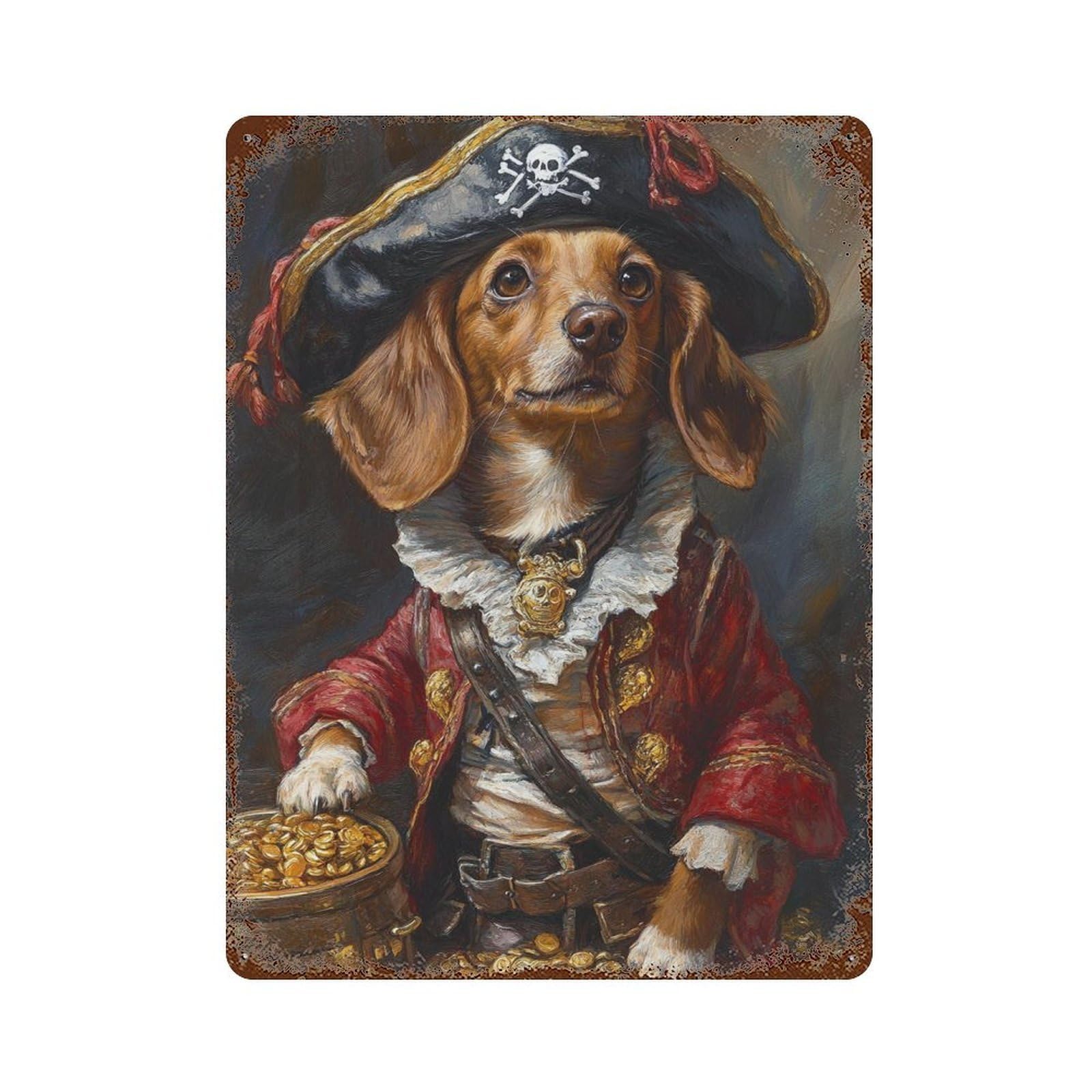 Pirate Dog with Treasure Chest-1 Distressed Metal Wall Sign 15.7"x11.8", Rustic Home Decor for Living Room, Hallway And Home Decor
