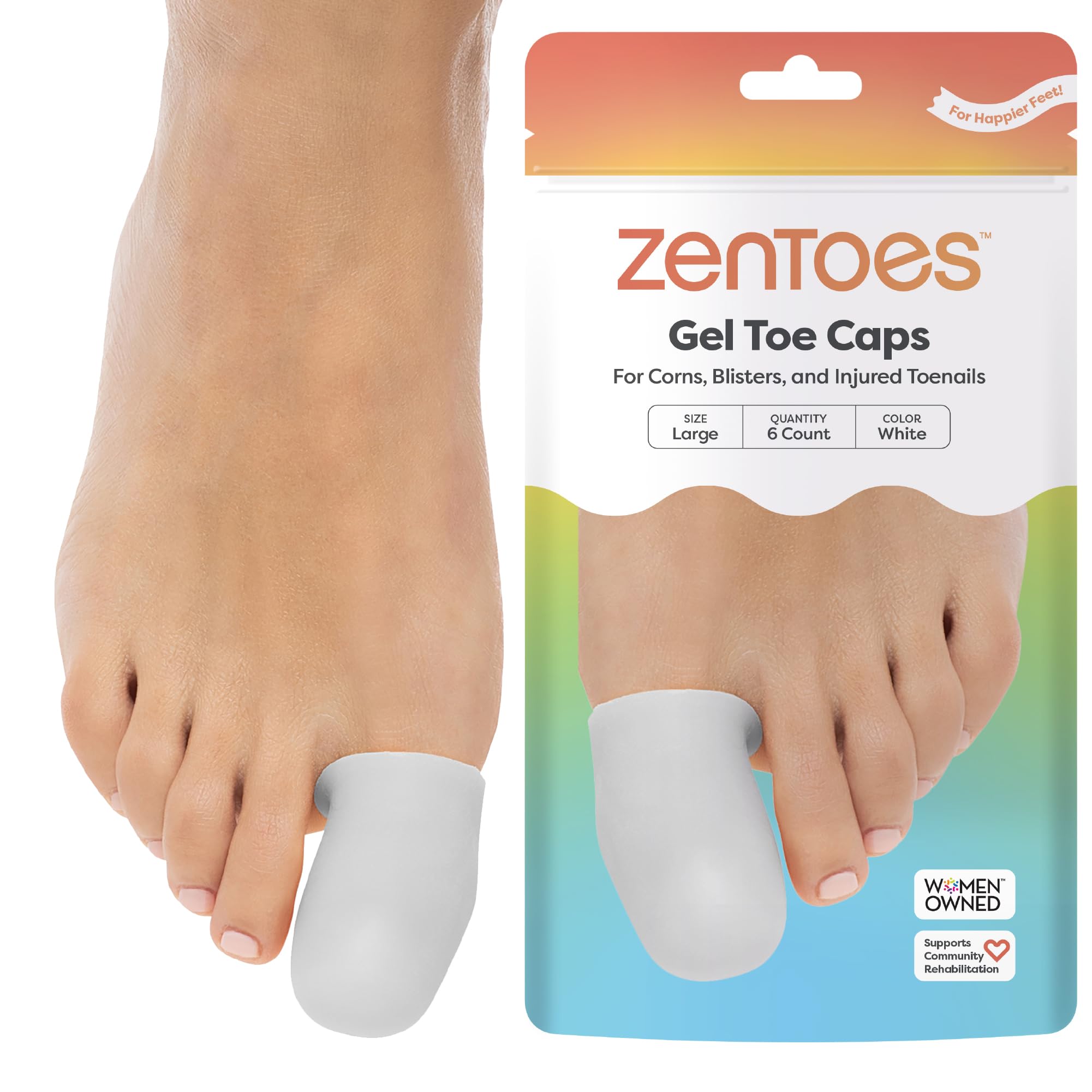 ZenToes 6 Pack Gel Toe Cap and Protector - Cushions and Protects to Provide Relief from Missing or Ingrown Toenails, Corns, Blisters, Hammer Toes (Large, White)