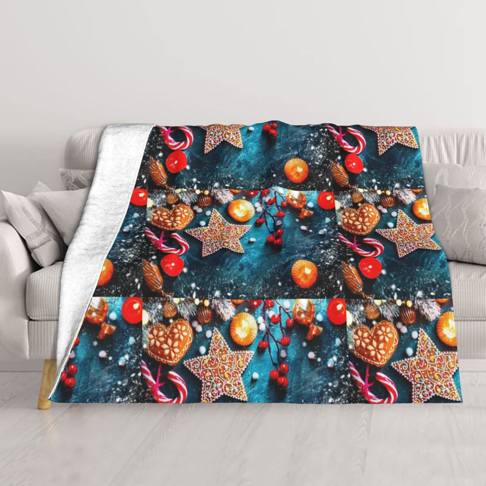 Couverture en peluche douce motif bougie de Noël pour soirées canapé