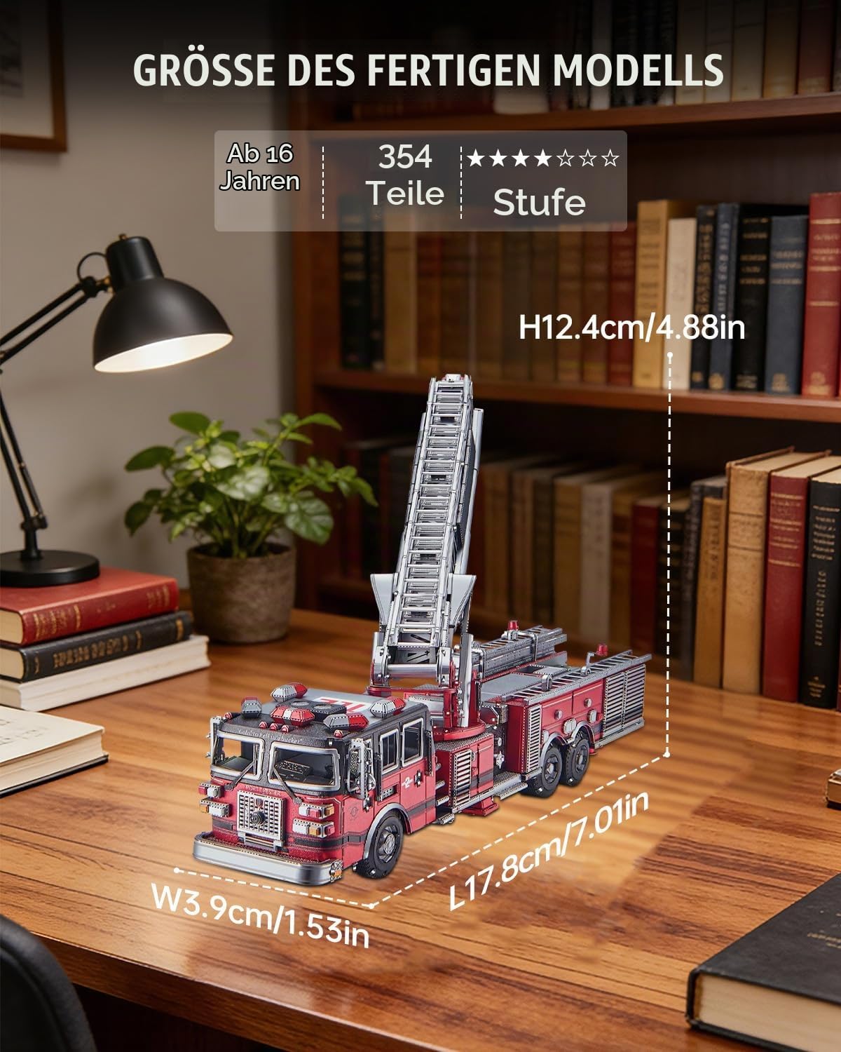 Piececool 3D Puzzle Metall Feuerwehr-Drehleiter Truck, Klassische Transport Feuerwehrauto Handwerk Modellbausatz,DIY Set Erwachsene,354 Teile