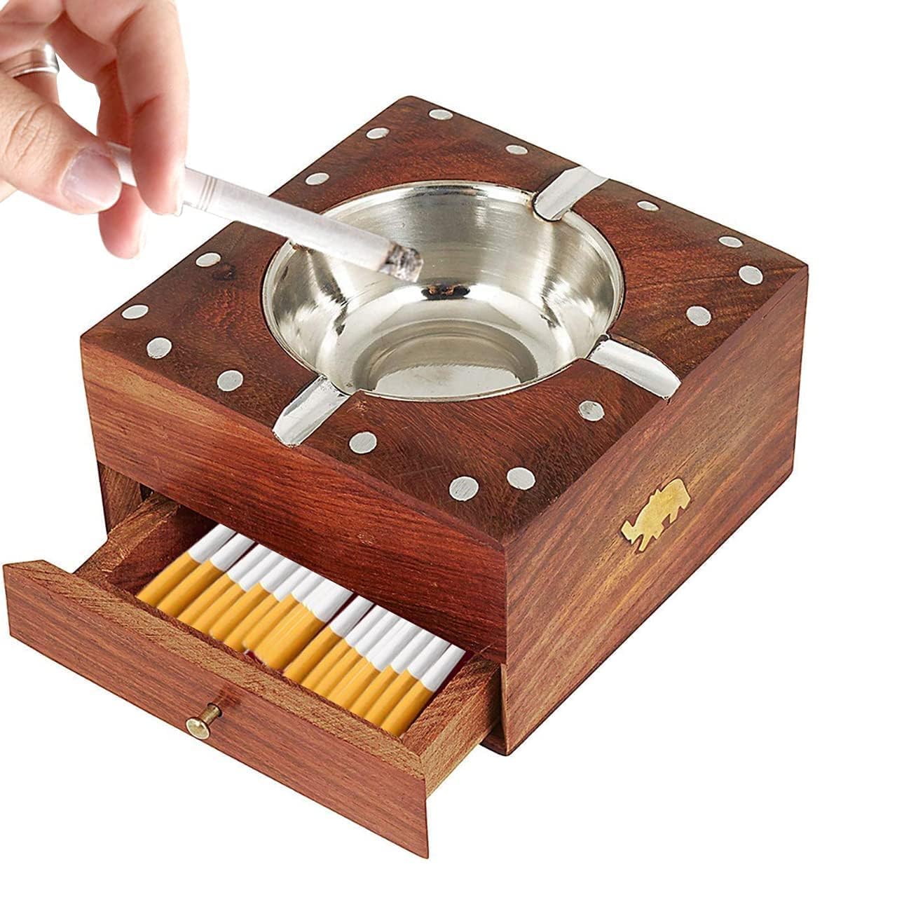 IndigoArts Wooden Cigarette Ashtray, Sheesham Wood Ash Tray with Drawer Smoke Ash Holder Tabletop Ash Catcher for Outdoors and Indoors with 4 Cigarette Holder Slots, Brown, 4 inch, 1 Pc-image-2